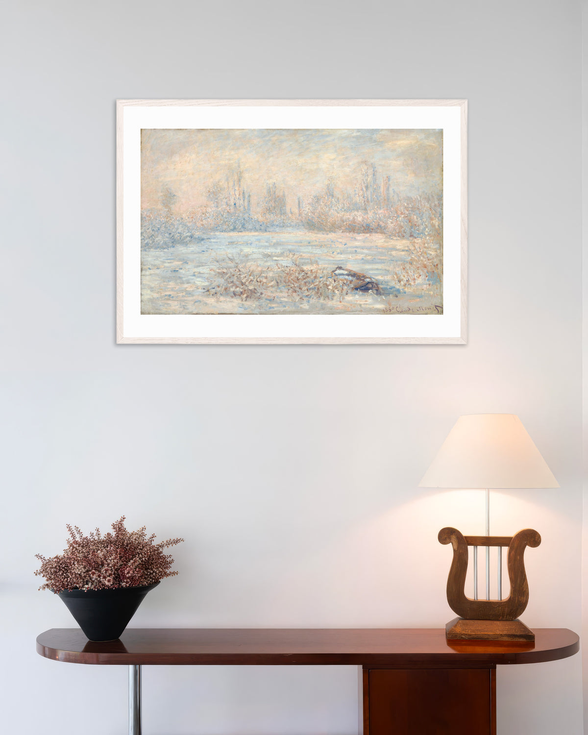 Poster Raureif (1880) von Claude Monet mit weißem Holzrahmen