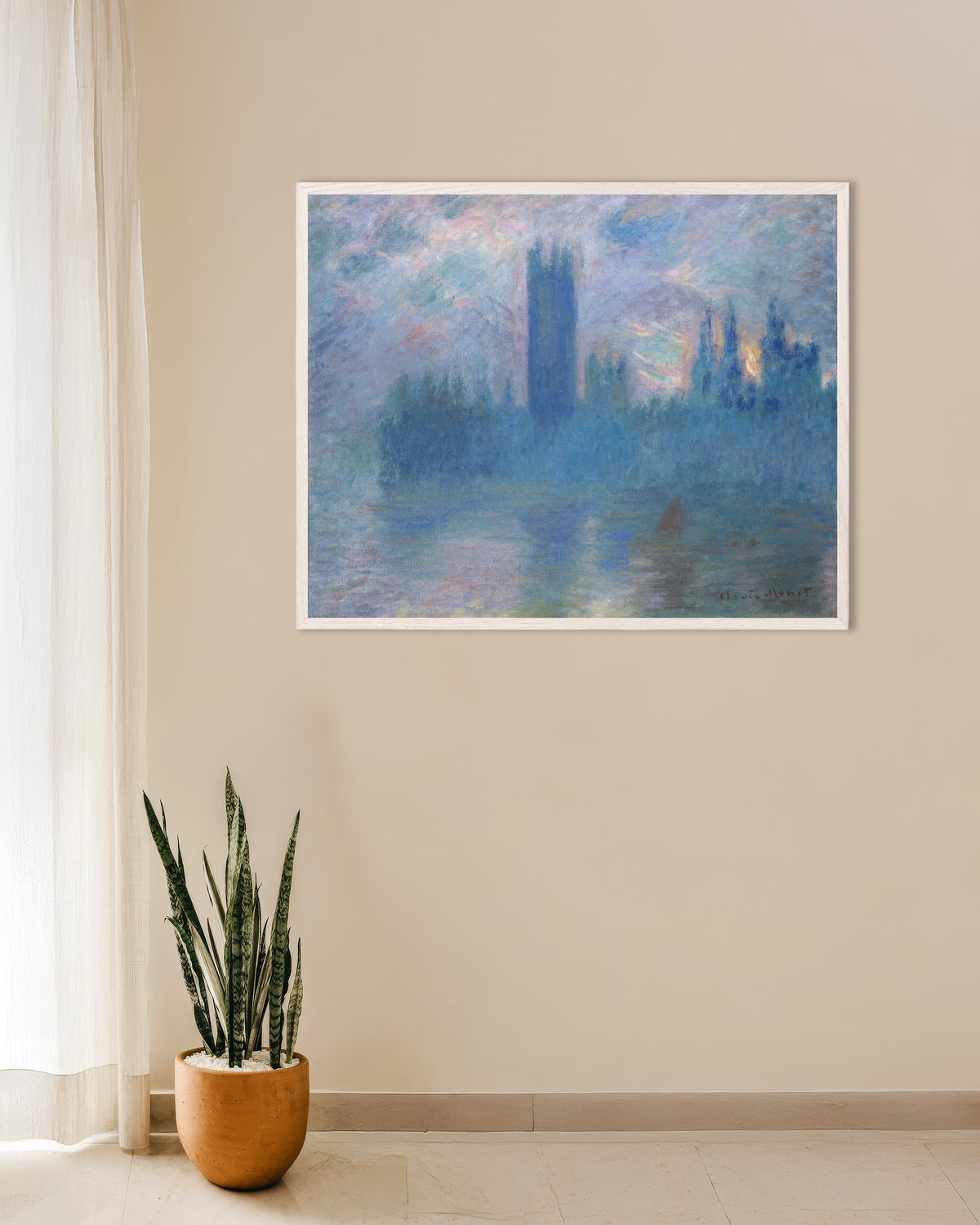 Poster Das Parlament in London (1900) von Claude Monet mit weißem Holzrahmen