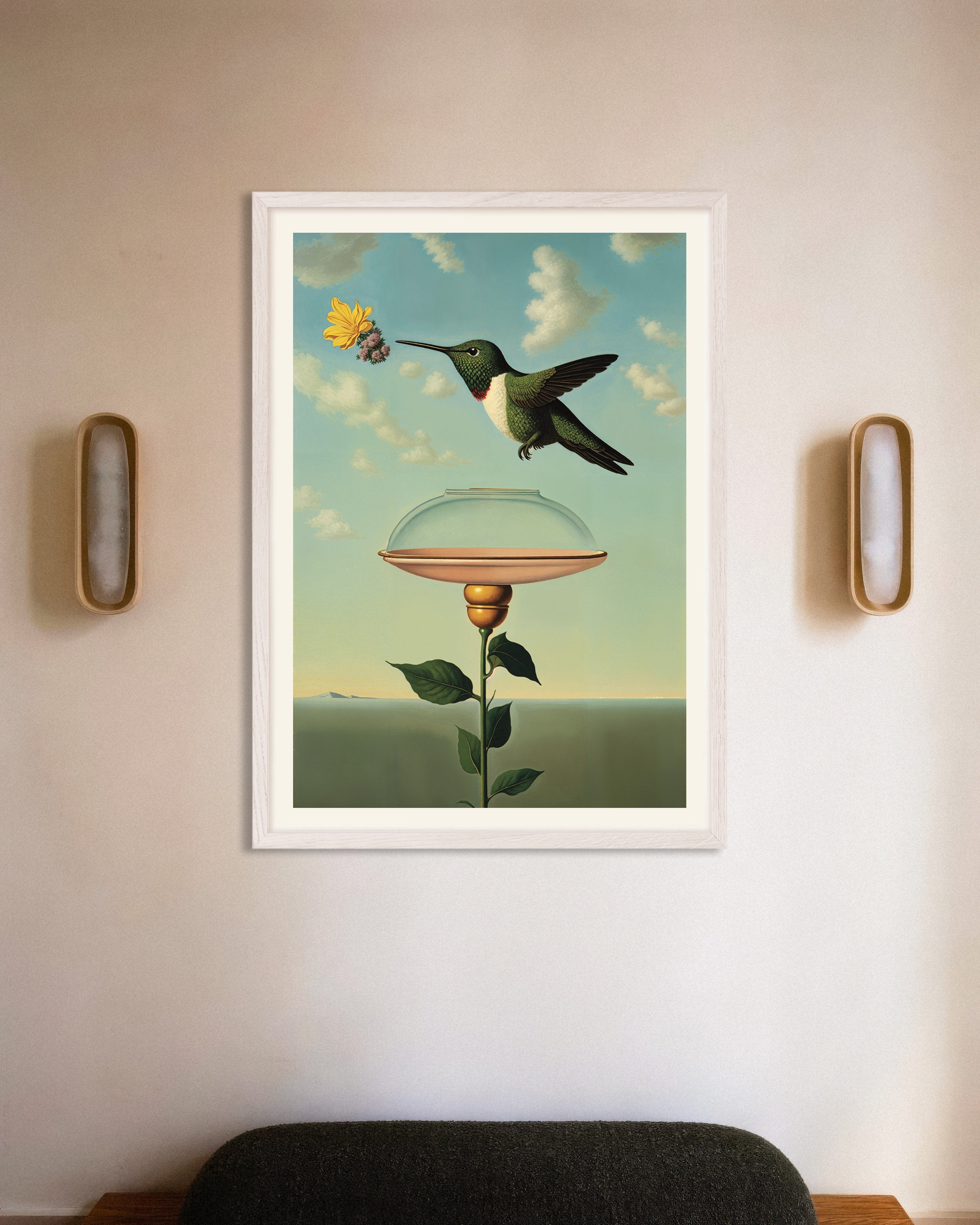 Poster of Hummingbird and Glass Cloche, A Magritte Homage, with white wooden frame