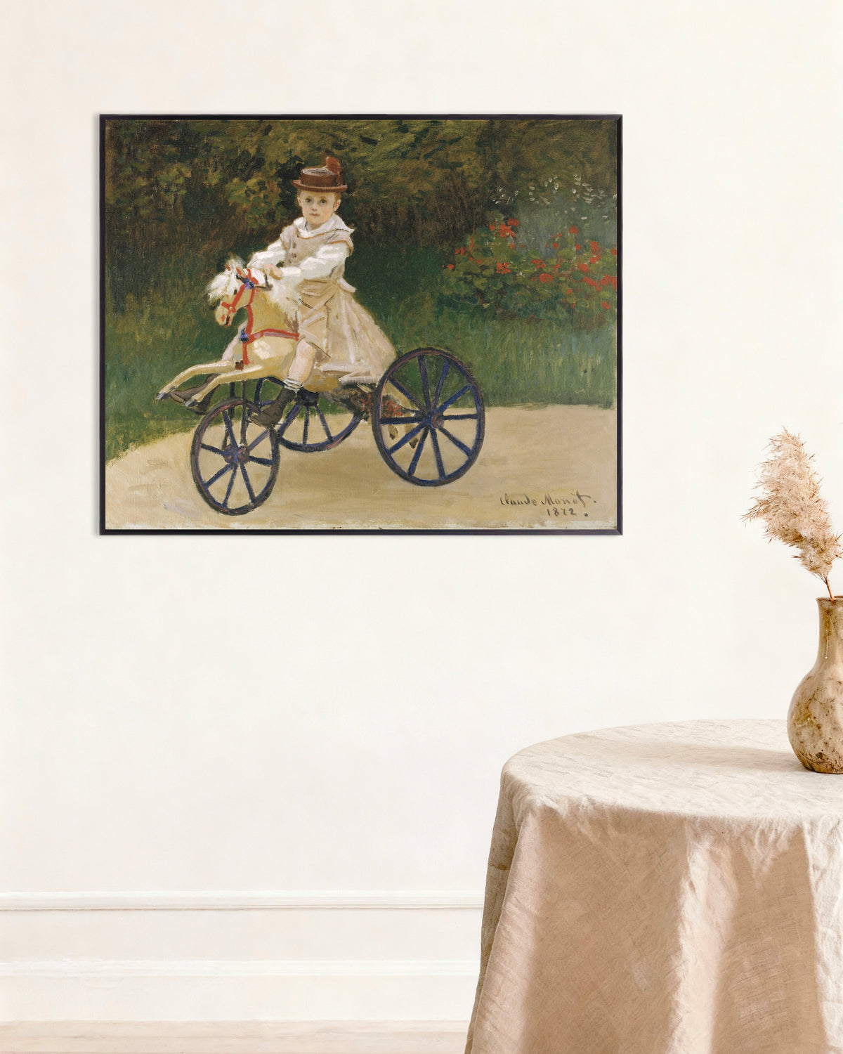 Poster Jean Monet auf seinem Steckenpferd (1872) von Claude Monet mit Metallrahmen