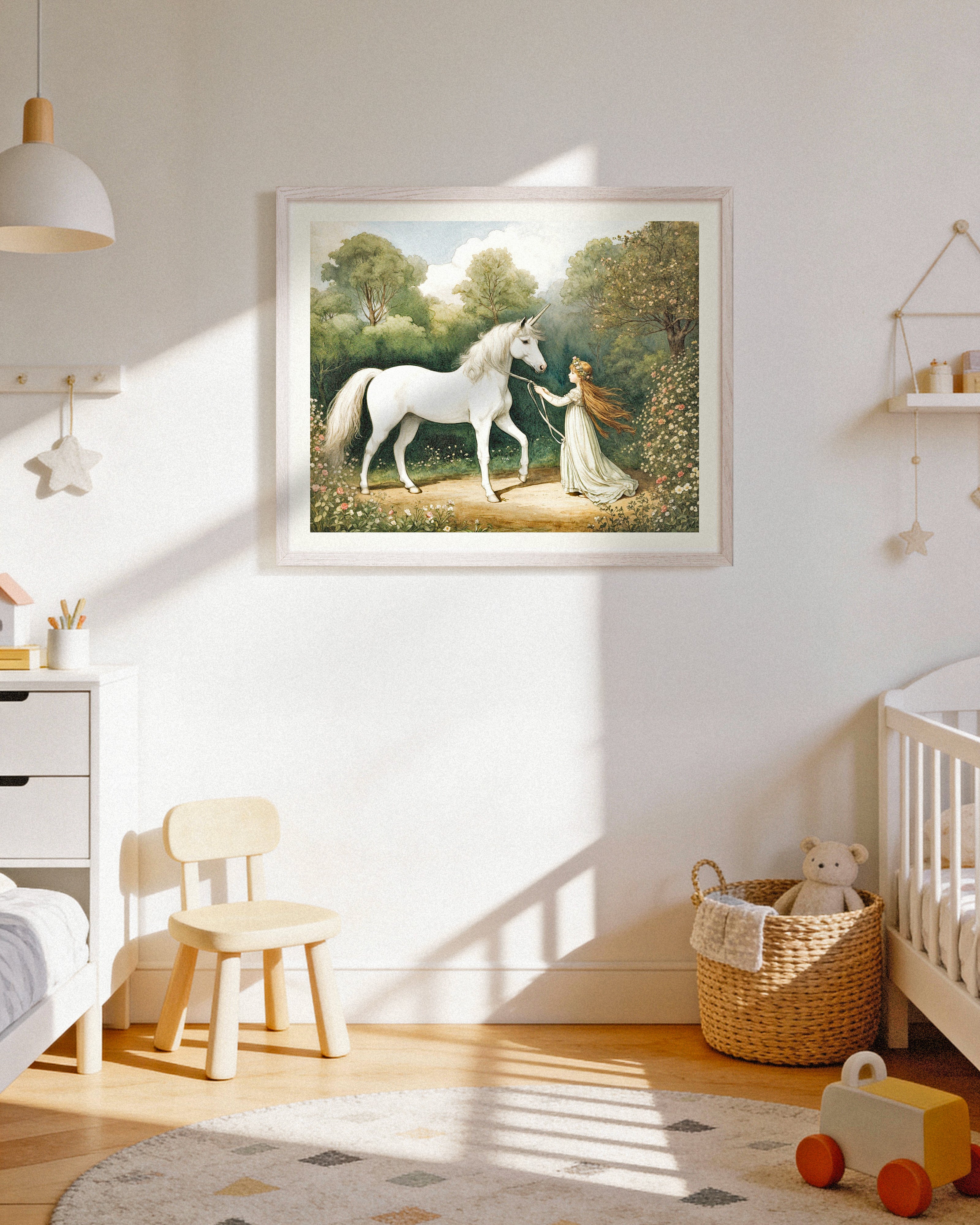 Children's room with a framed painting of a woman and horse on the wall, wooden chair, crib, and toys.