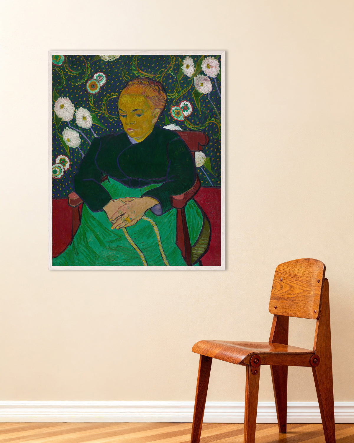 Poster von La Berceuse, Madame Roulin wiegt die Wiege (1889) von Vincent van Gogh, mit weißem Holzrahmen