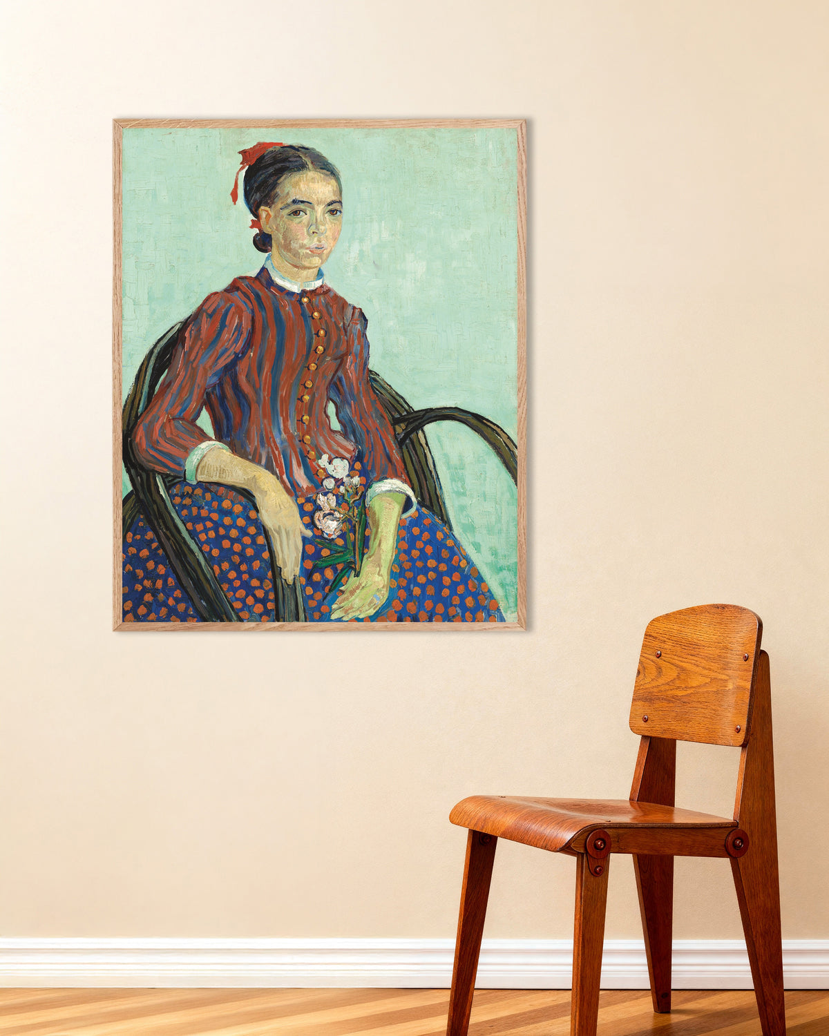 Poster La Mousmé (1888) von Vincent van Gogh, mit naturfarbenem Holzrahmen