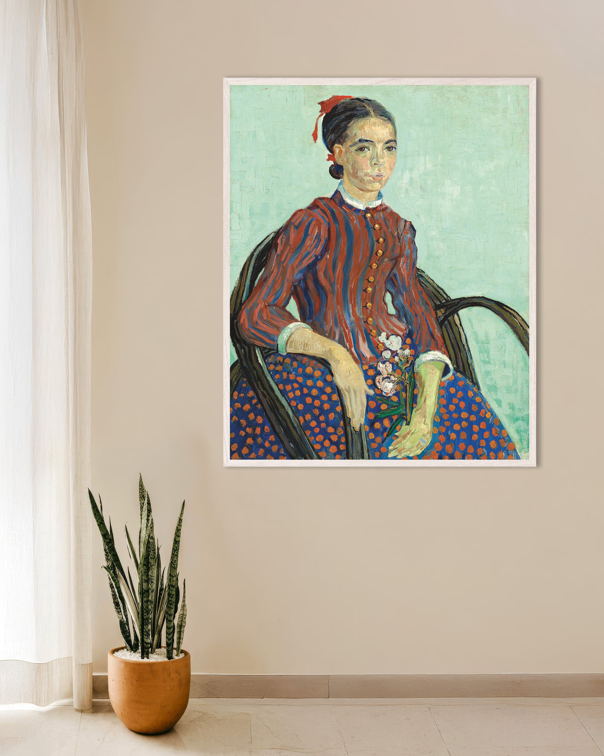 Poster La Mousmé (1888) von Vincent van Gogh, mit weißem Holzrahmen