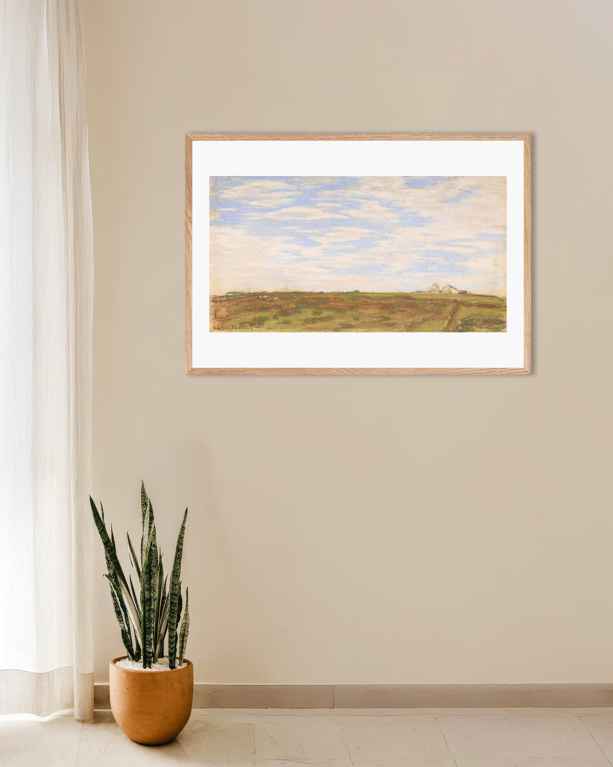 Poster Landschaft (1864–1866) von Claude Monet mit naturfarbenem Holzrahmen