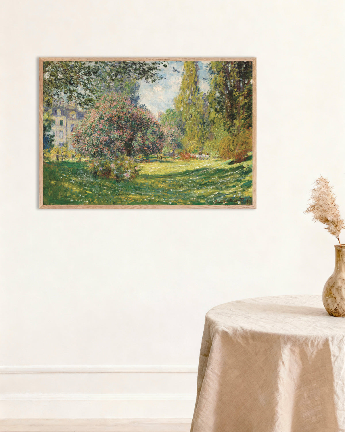 Poster Landschaft, Parc Monceau (1876) von Claude Monet mit naturfarbenem Holzrahmen
