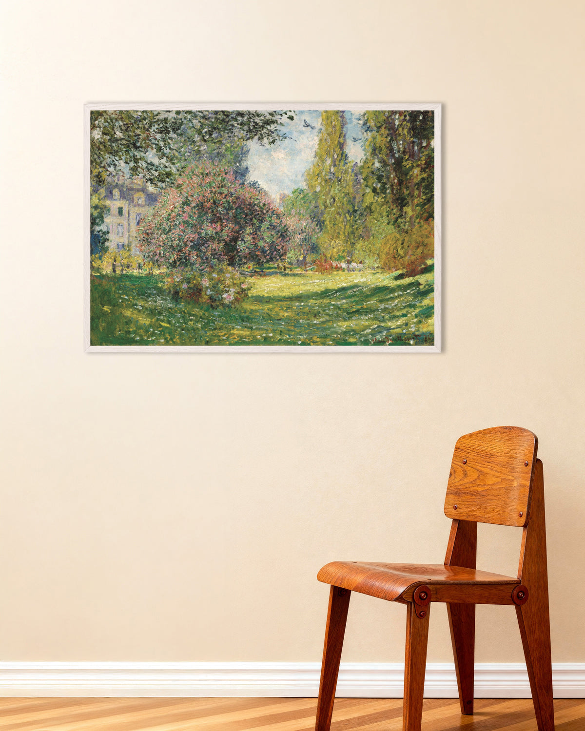 Poster Landschaft, Parc Monceau (1876) von Claude Monet mit weißem Holzrahmen