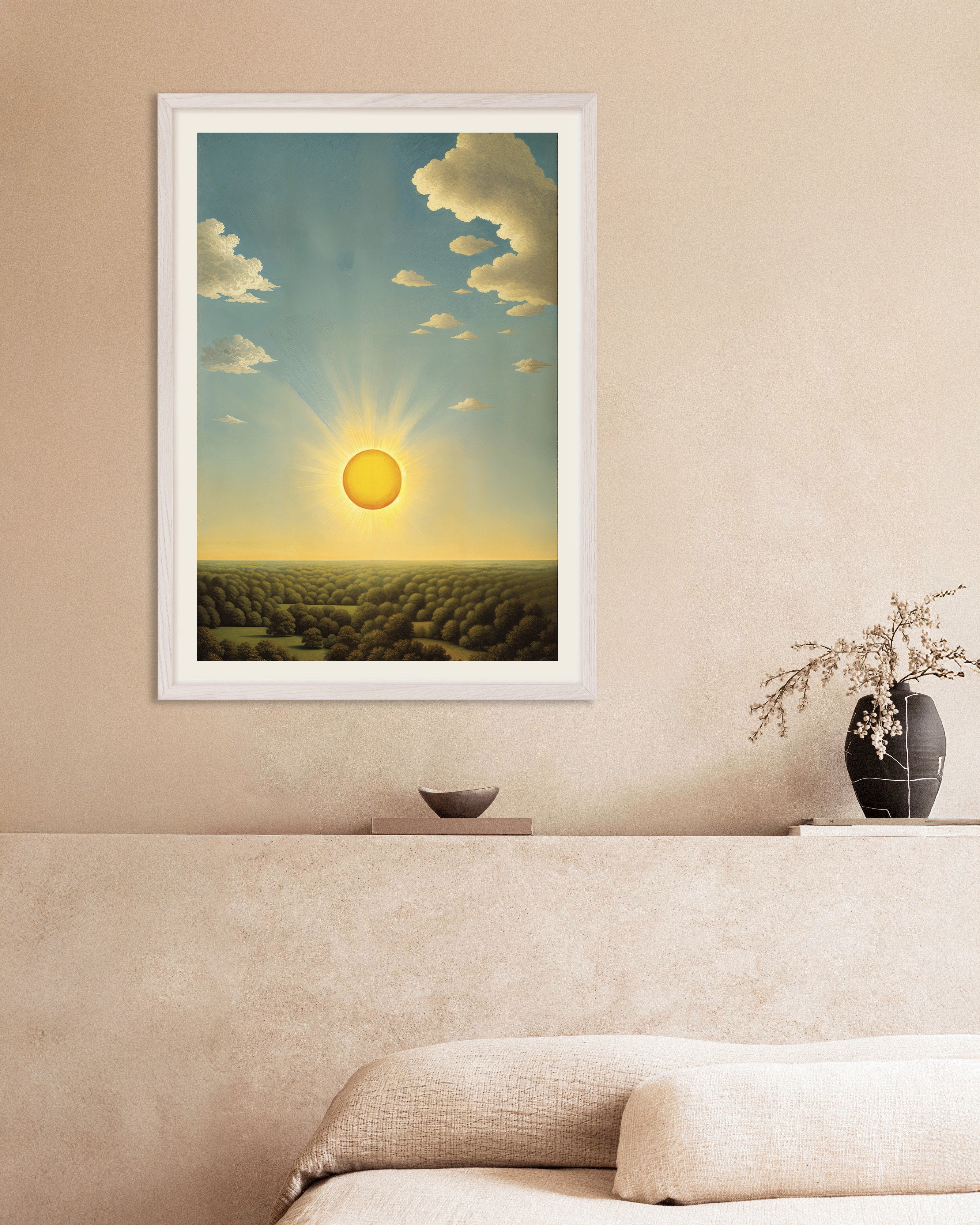 Poster of Le Grand Soleil - Surreal Sun Over the Canopy, with white wooden frame