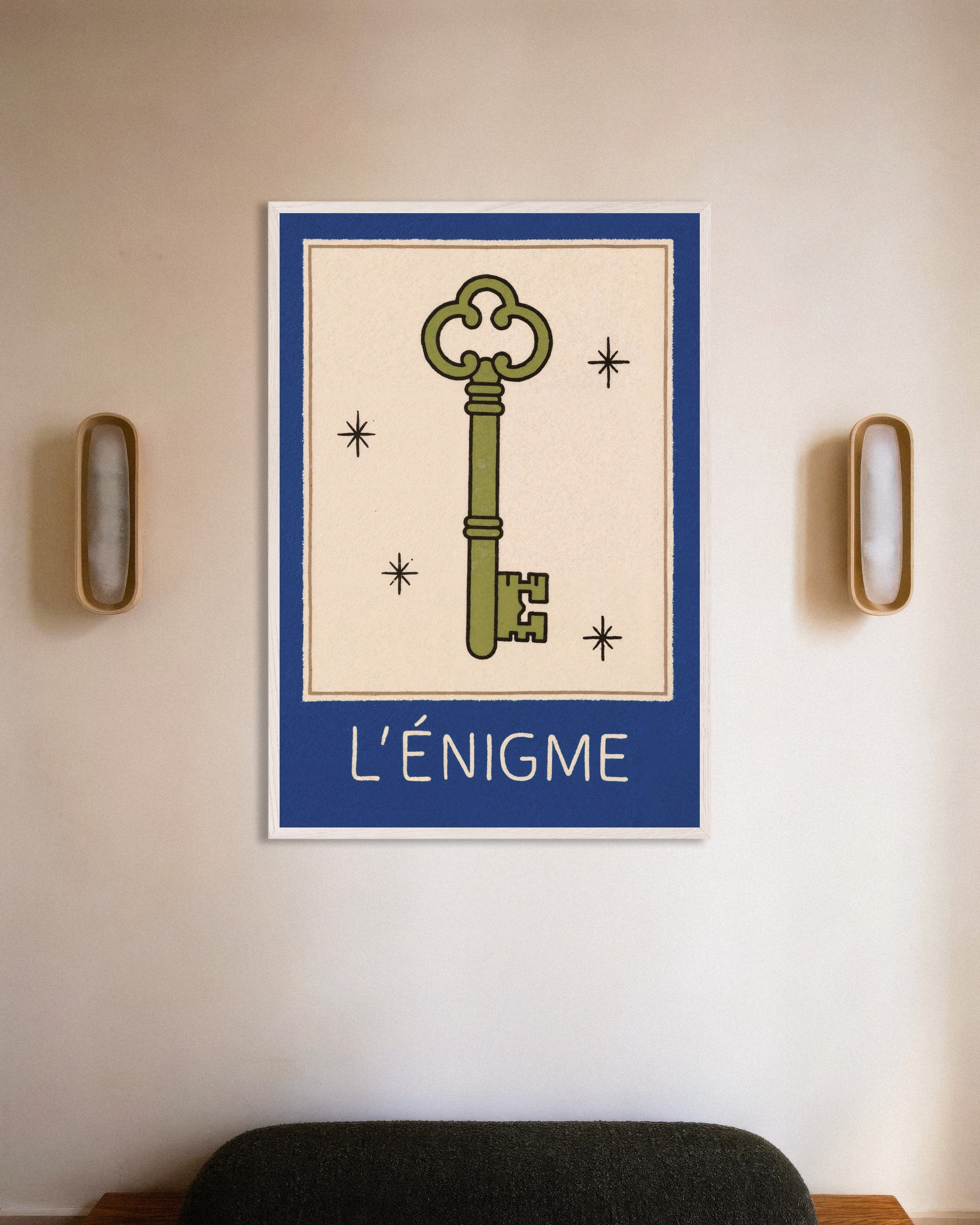 Poster of L'Énigme Key Poster, with white wooden frame