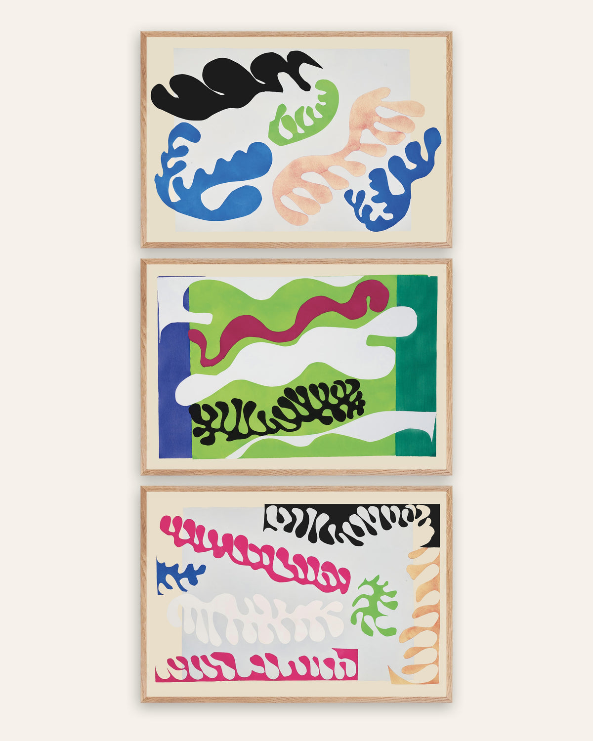 Matisse Jazz Poster 3er-Set: Die Lagune in Blau, Grün und Rosa, in Rahmen aus Natureiche