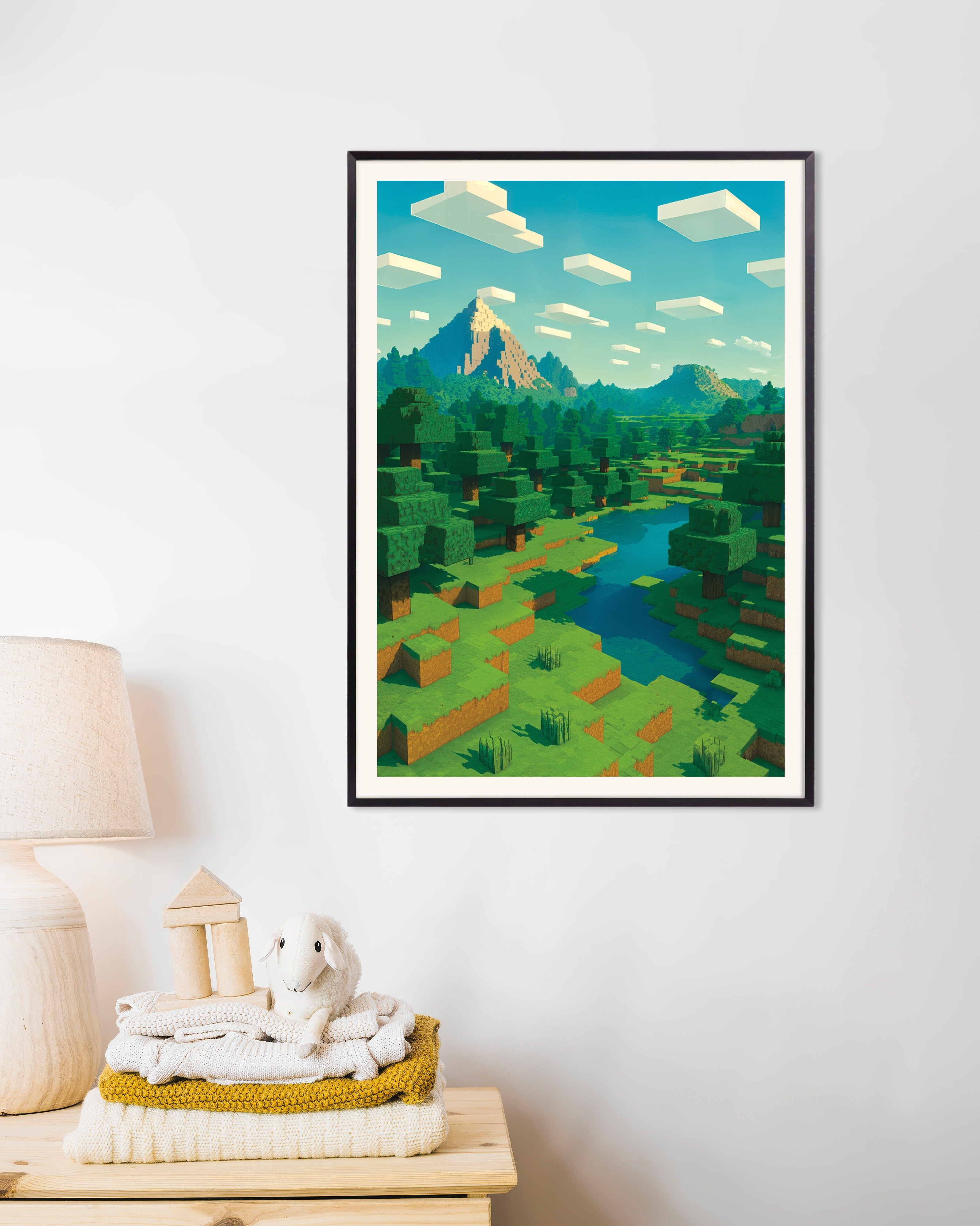 Poster of Minecraft Mountain Landscape – pixel art fan poster, with metal frame