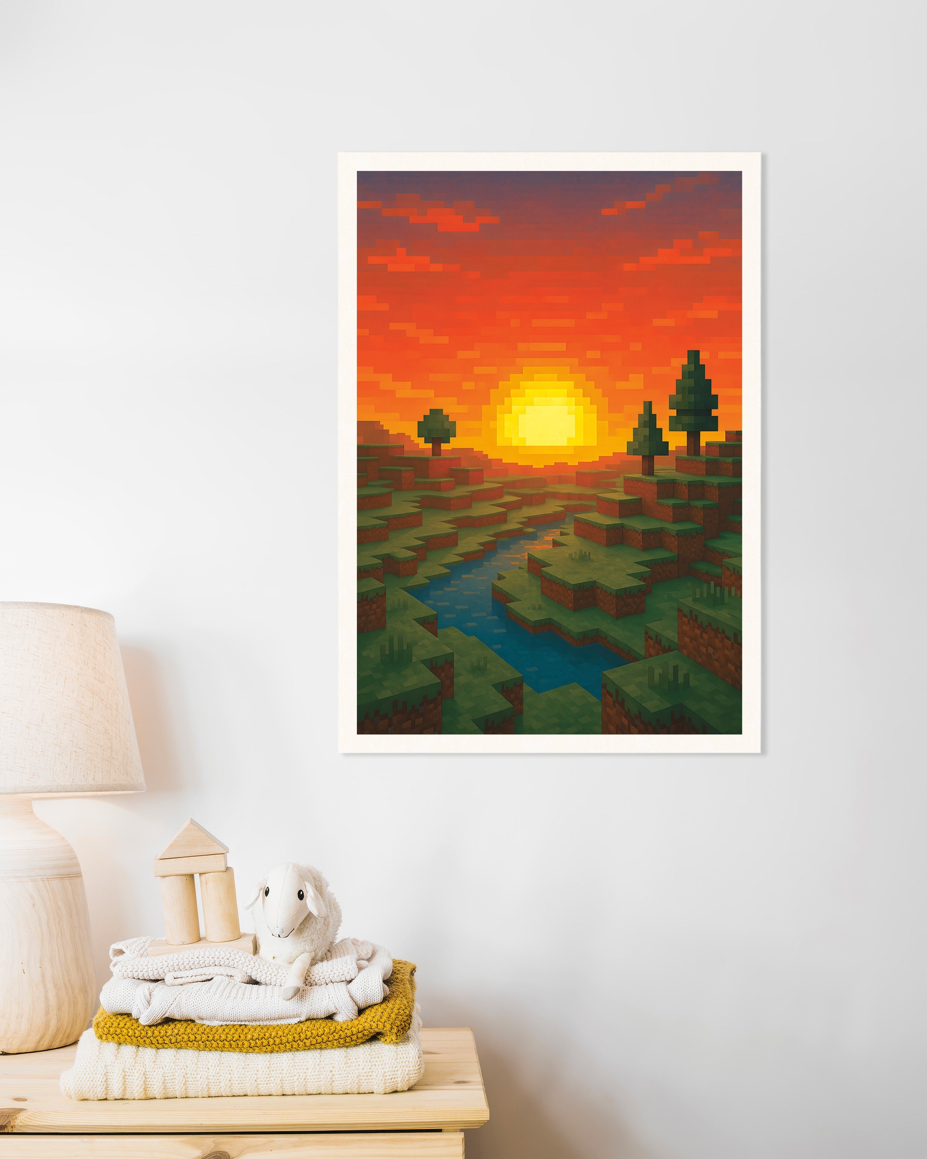 Poster of Minecraft Sunset – pixel art fan poster with river and trees