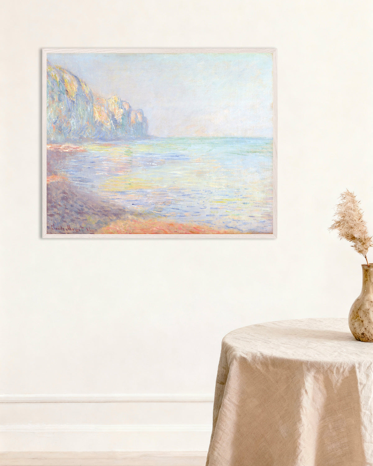 Poster Morgen, nebliges Wetter, Pourville (1882) von Claude Monet mit weißem Holzrahmen