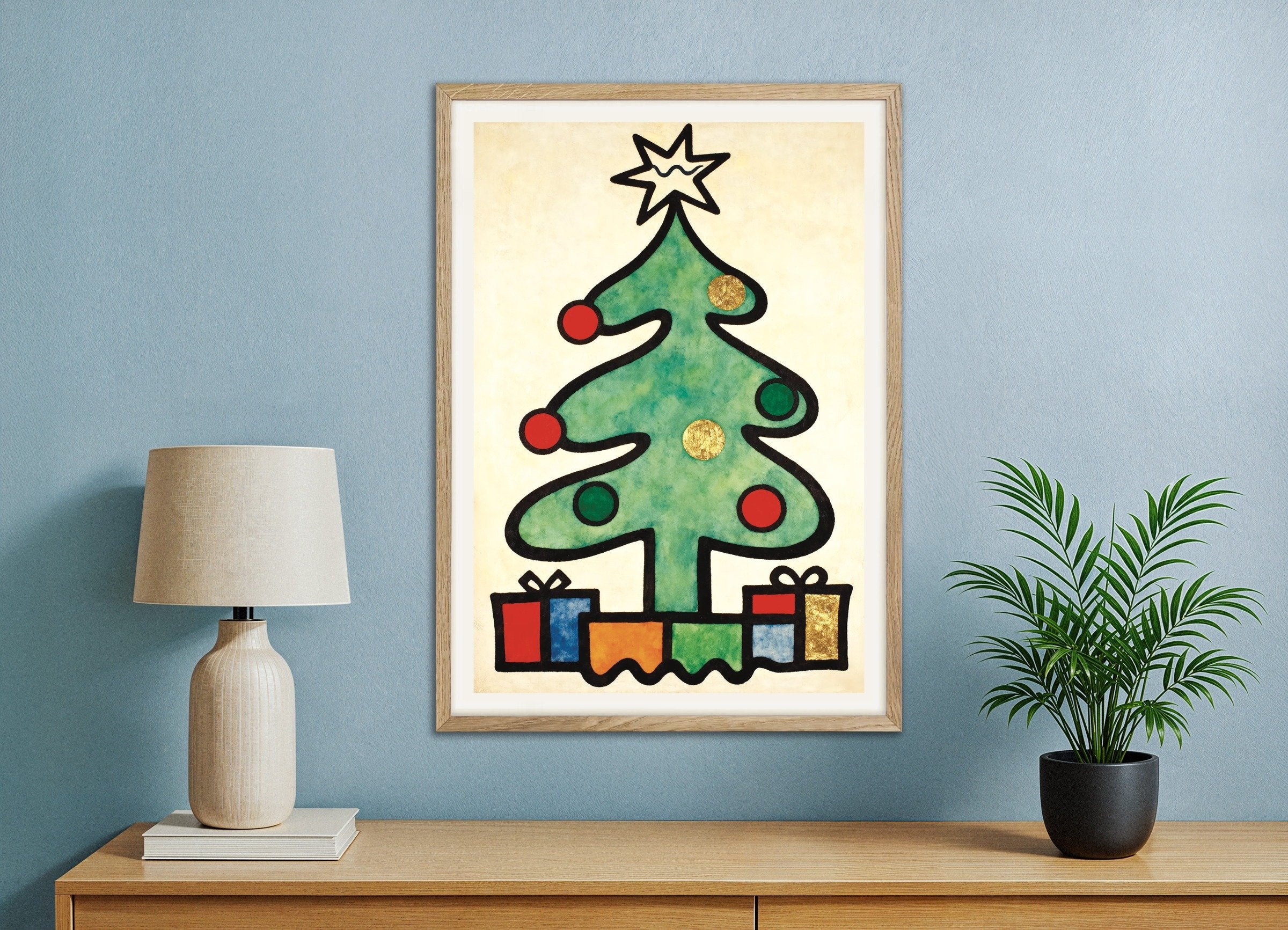 Poster of Modern Christmas tree art print, with natural wooden frame