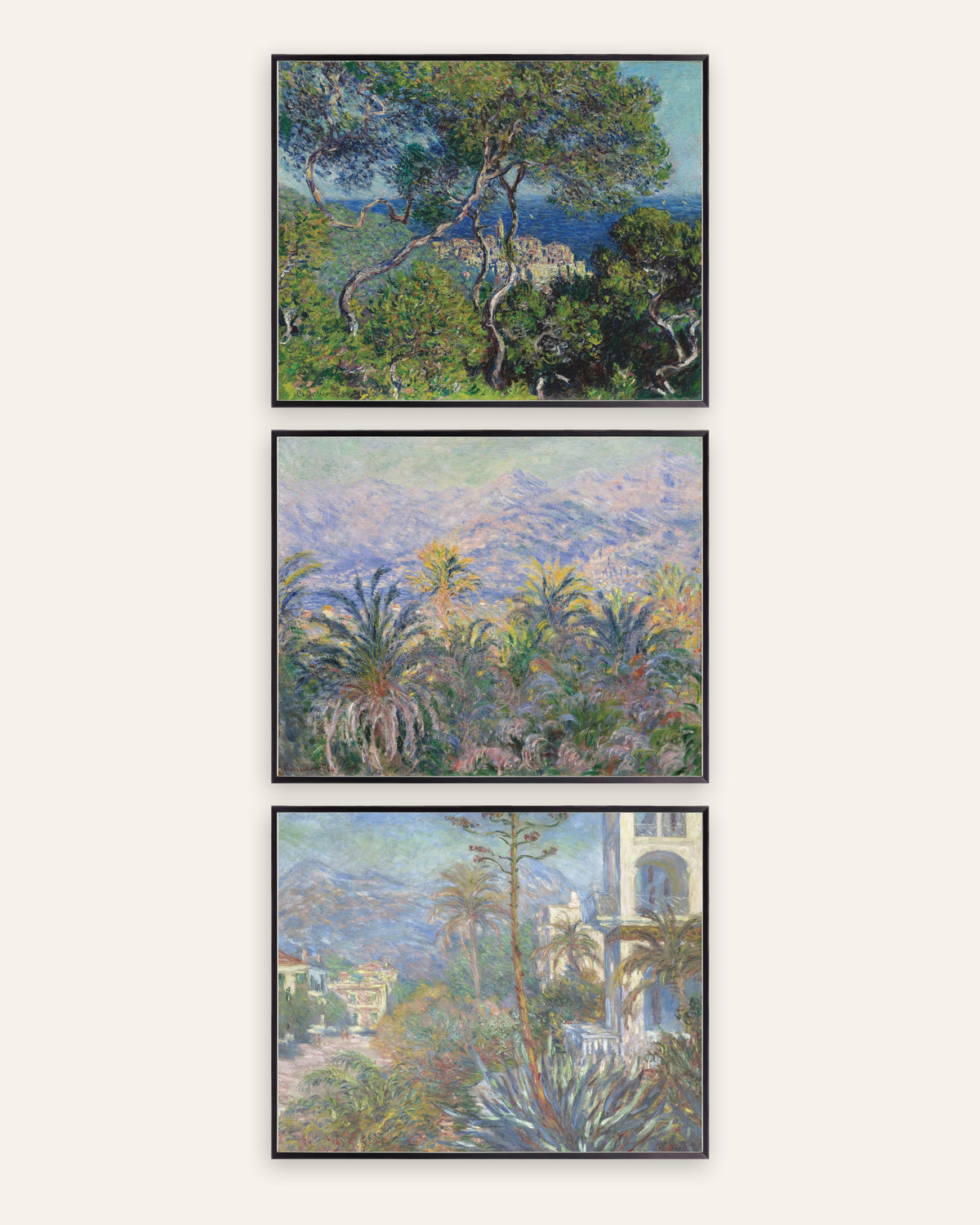 Monet Bordighera Poster 3er-Set: Pinien, Palmen und Villen der Riviera, in schwarzen Metallrahmen
