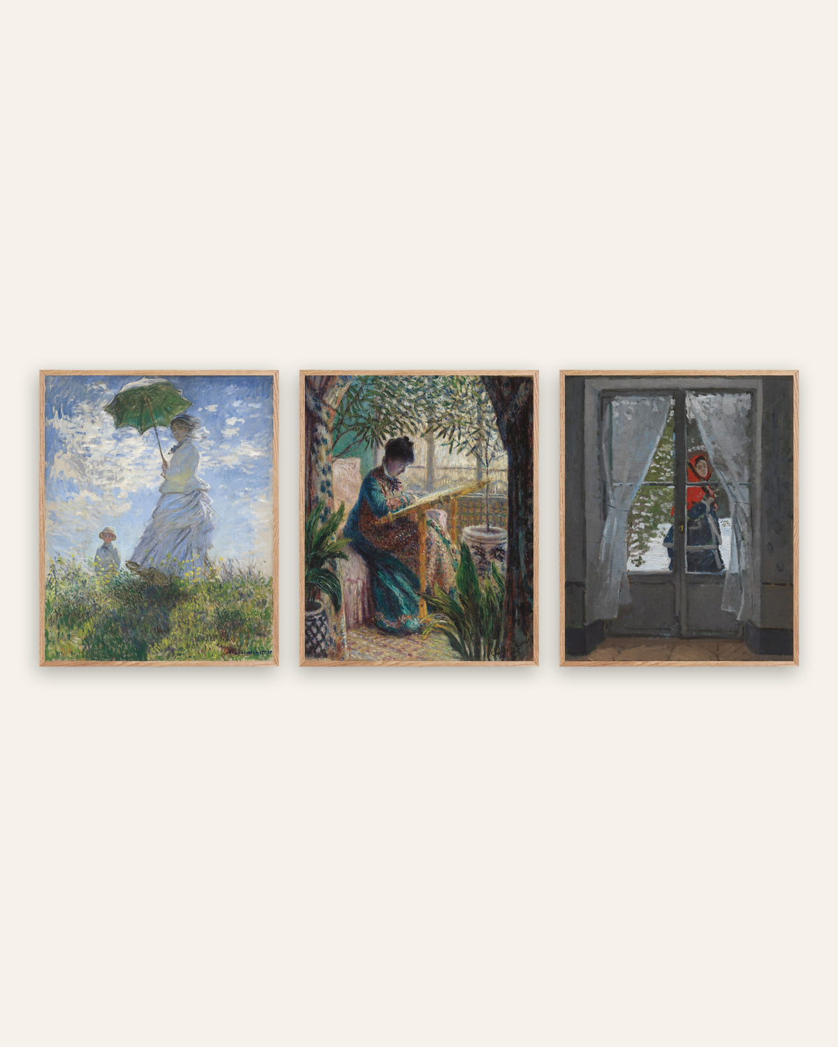 Monet Camille Poster 3er-Set: Frau mit Sonnenschirm und rotes Kopftuch, in Rahmen aus Natureiche