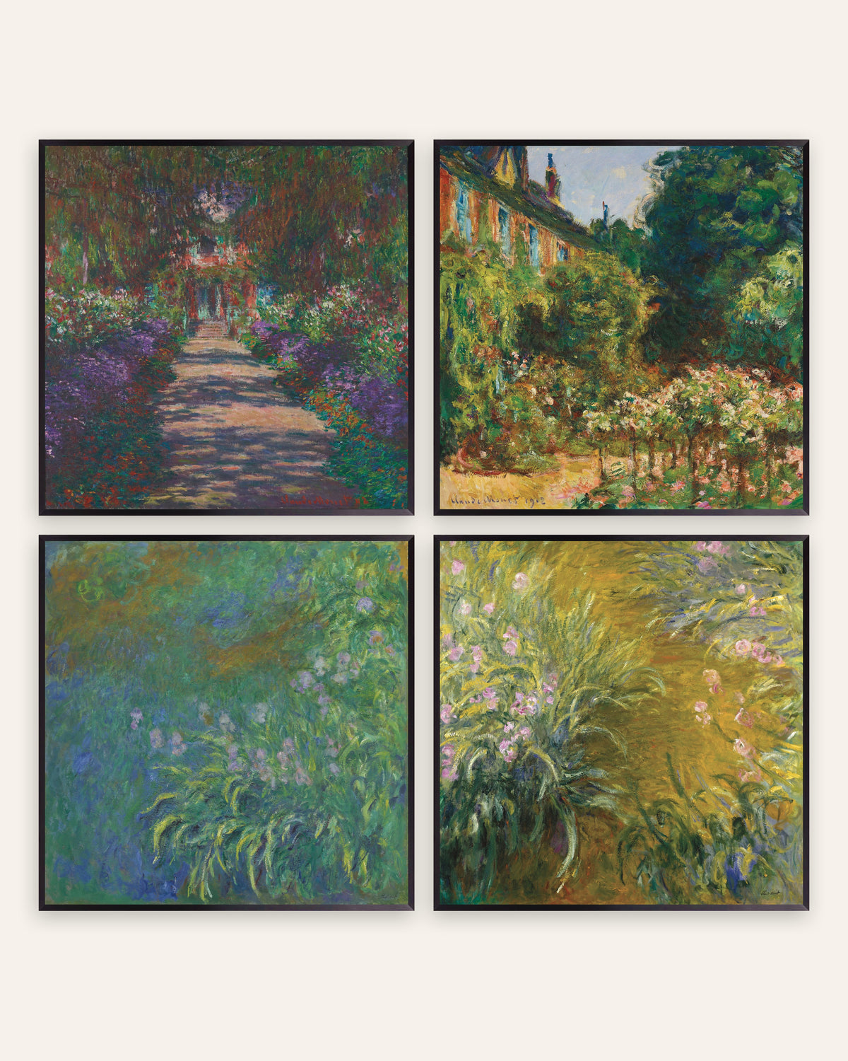 Monet Garten von Giverny Poster 4er-Set: Allee, Haus und Schwertlilien, in schwarzen Metallrahmen