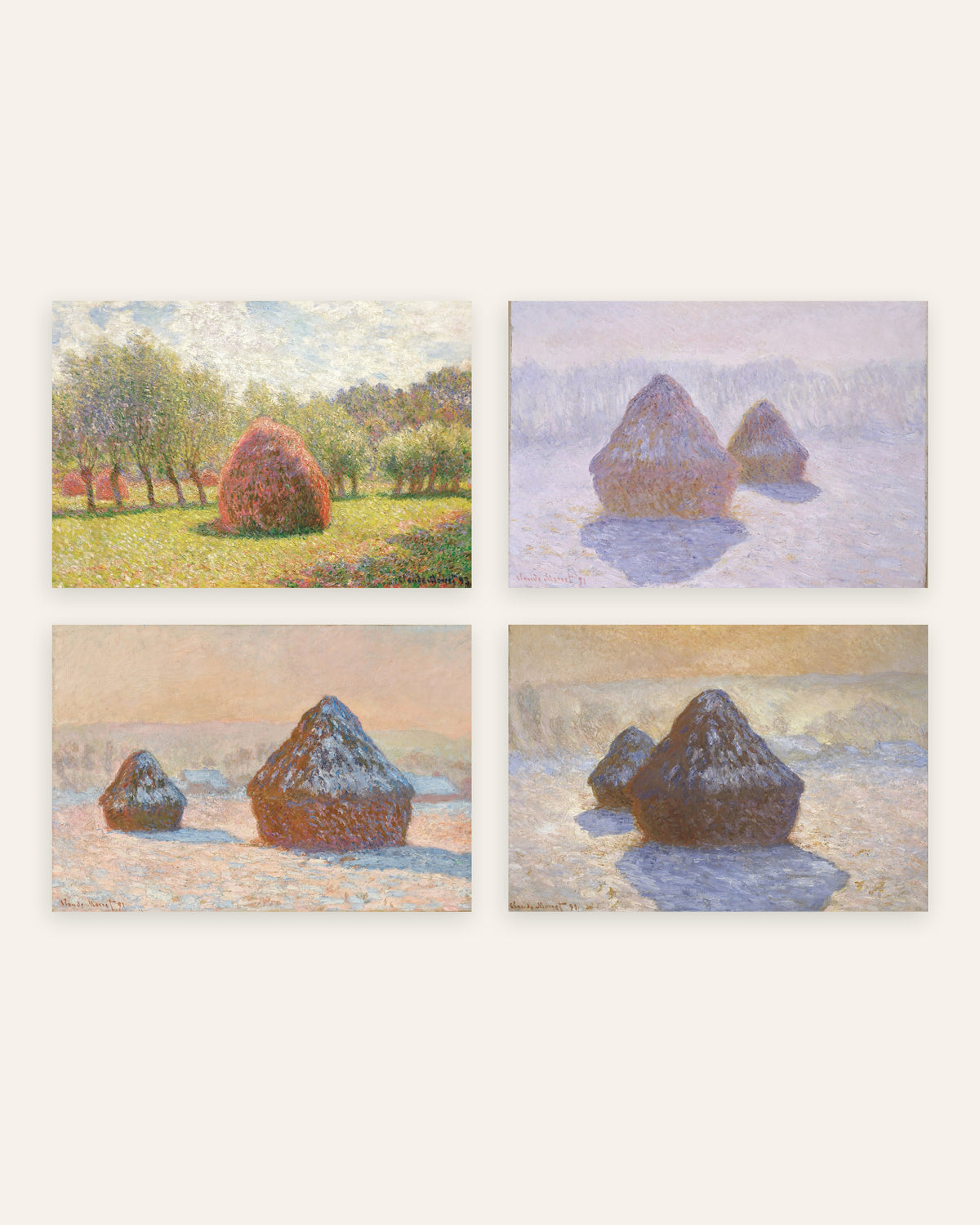 Monet Getreideschober Poster 4er-Set: vom Sommer bis zum Schnee, ohne Rahmen