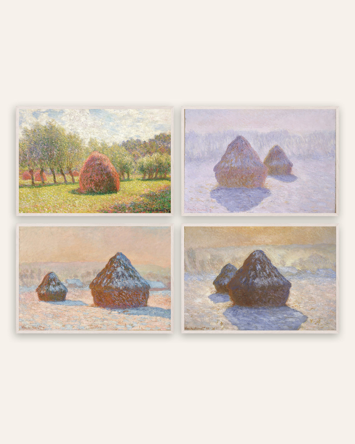 Monet Getreideschober Poster 4er-Set: vom Sommer bis zum Schnee, in weißen Eichenrahmen
