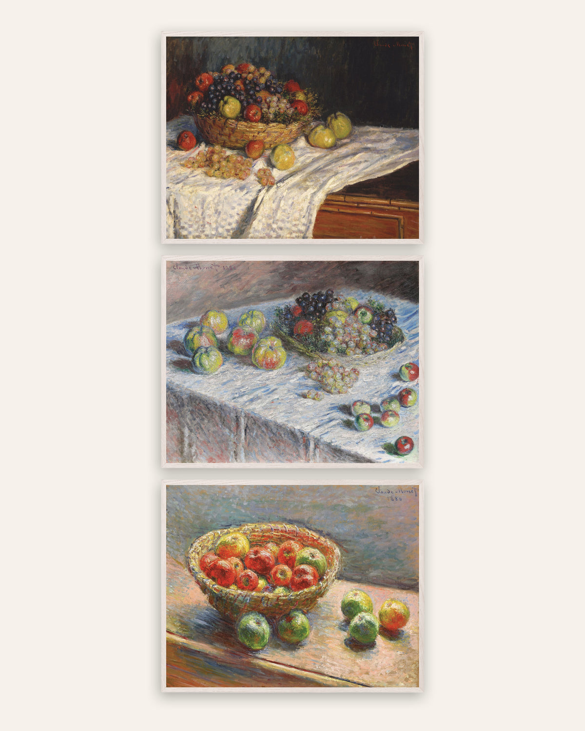 Monet Stillleben Poster 3er-Set: Äpfel, Trauben und Apfelkorb, in weißen Eichenrahmen