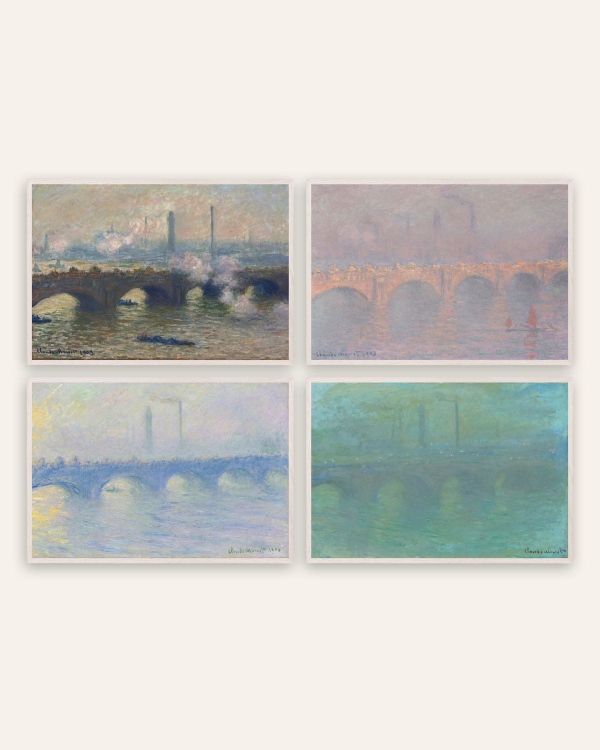 Monet Waterloo Bridge Poster 4er-Set: grauer Tag, Sonne, Nebel und Dämmerung, in weißen Eichenrahmen
