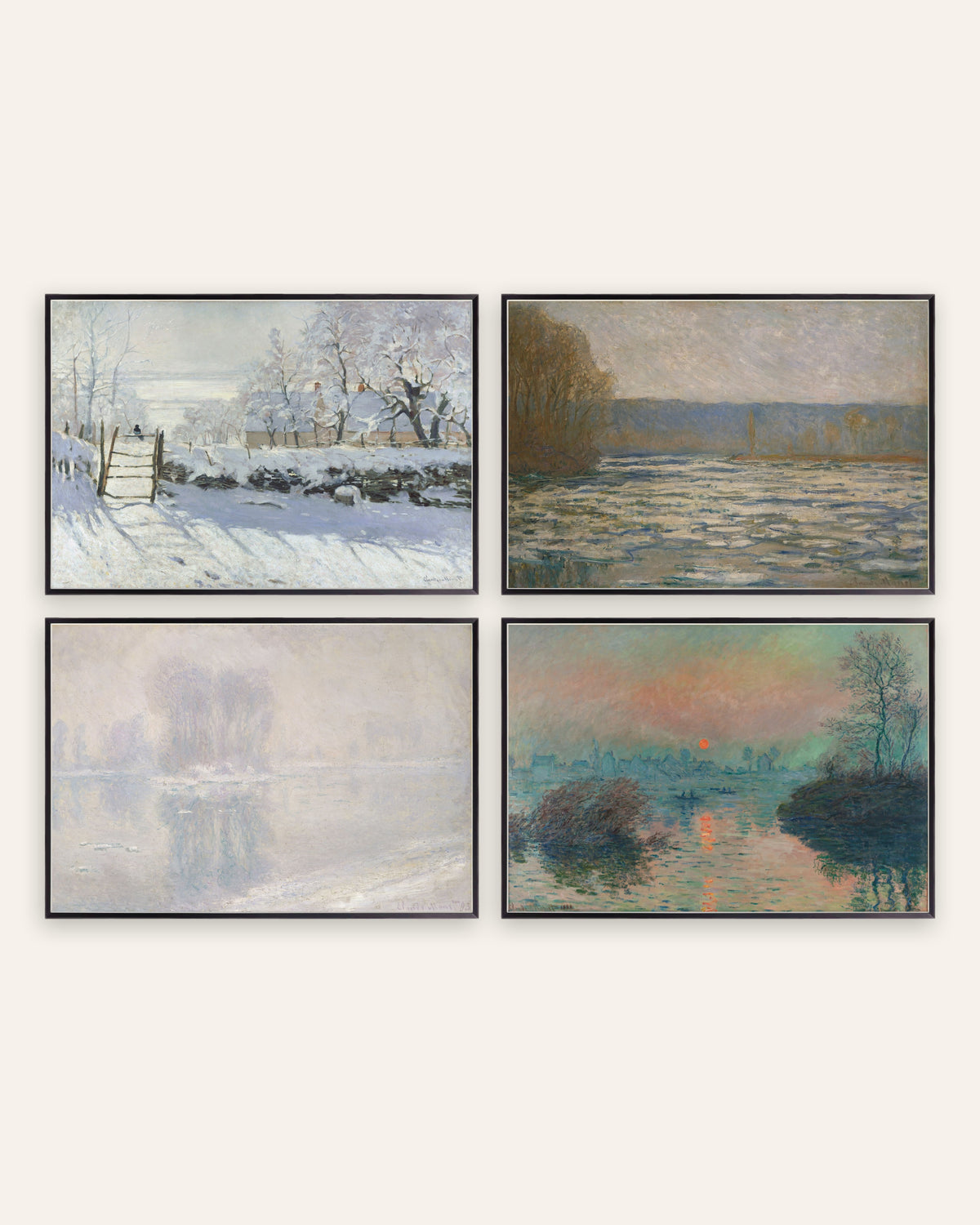 Monet Winter Poster 4er-Set: Die Elster, Eis und Wintersonne, in schwarzen Metallrahmen