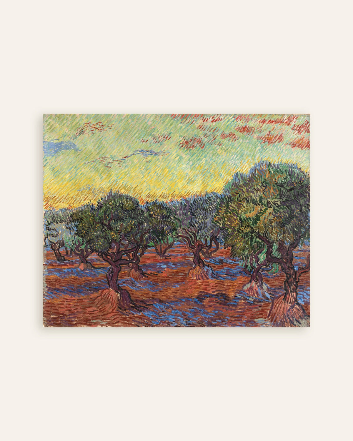 Poster mit „Olivenhain mit orangefarbenem Himmel (1889) von Vincent van Gogh“, Miniaturansicht