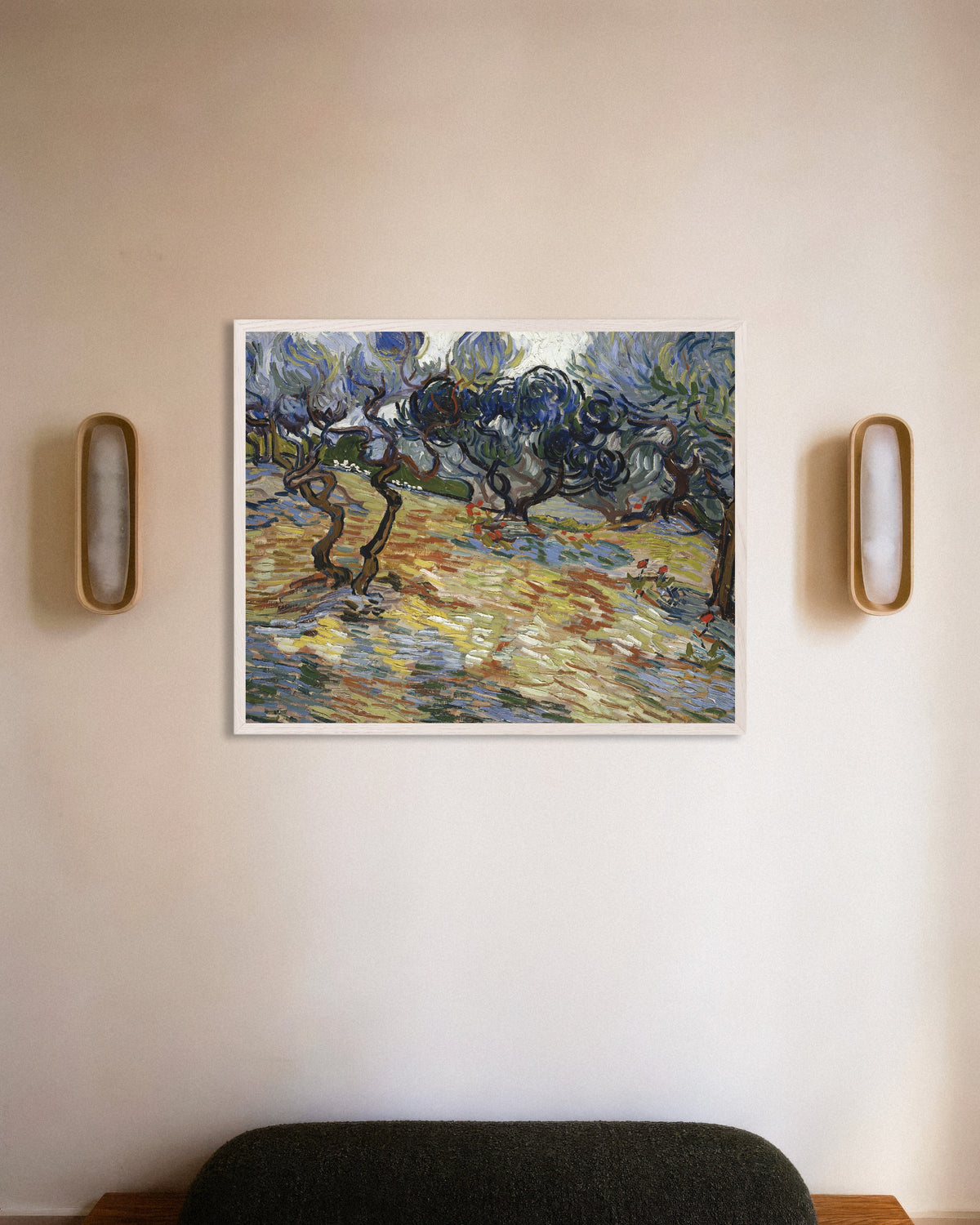 Poster Olivenbäume (1889) von Vincent van Gogh, mit weißem Holzrahmen