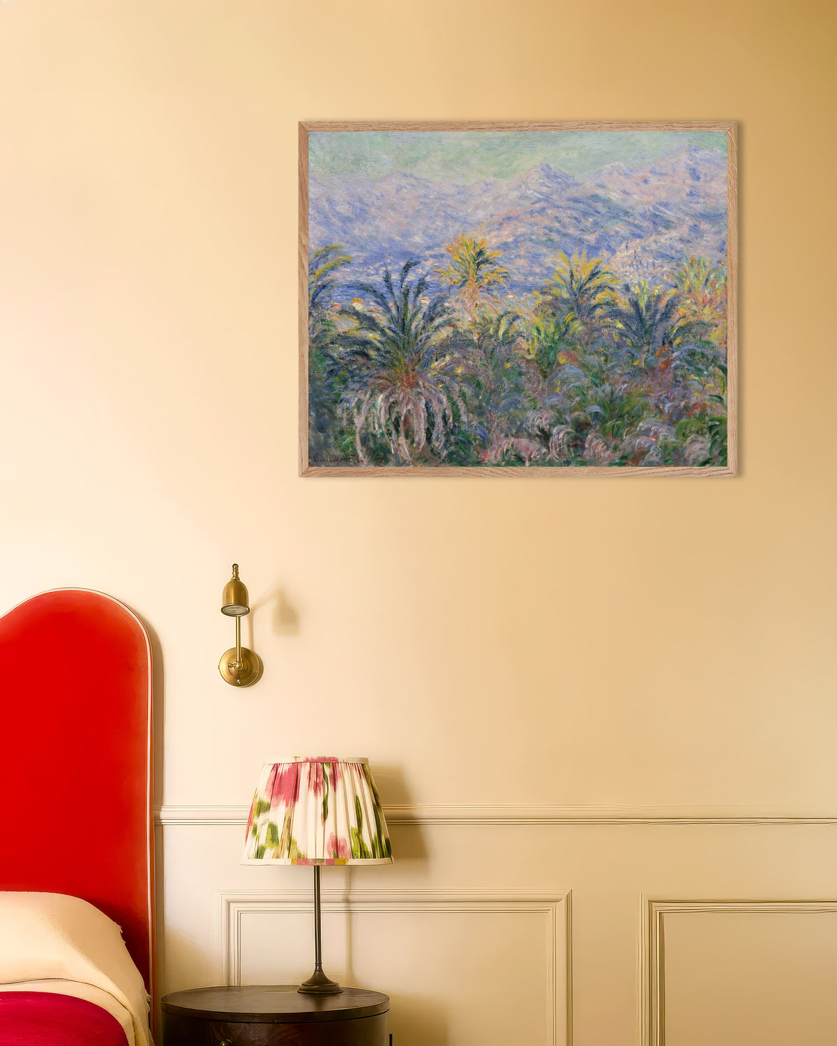 Poster Palmen in Bordighera (1884) von Claude Monet mit naturfarbenem Holzrahmen