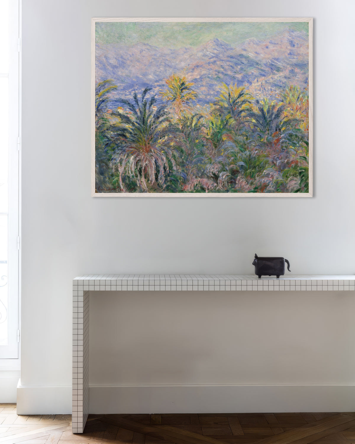Poster Palmen in Bordighera (1884) von Claude Monet mit weißem Holzrahmen
