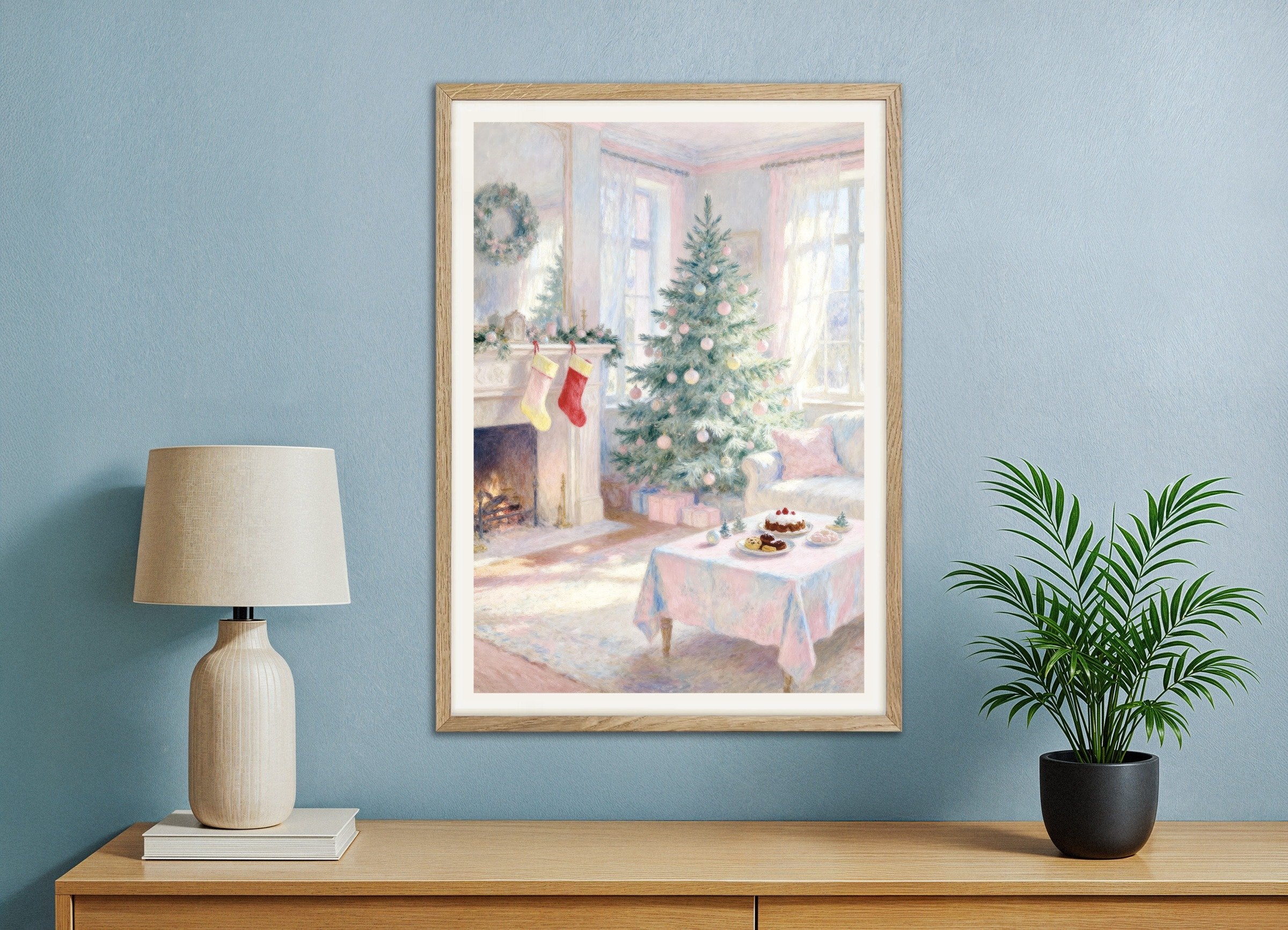 Poster of Pastel Christmas living room poster, with natural wooden frame