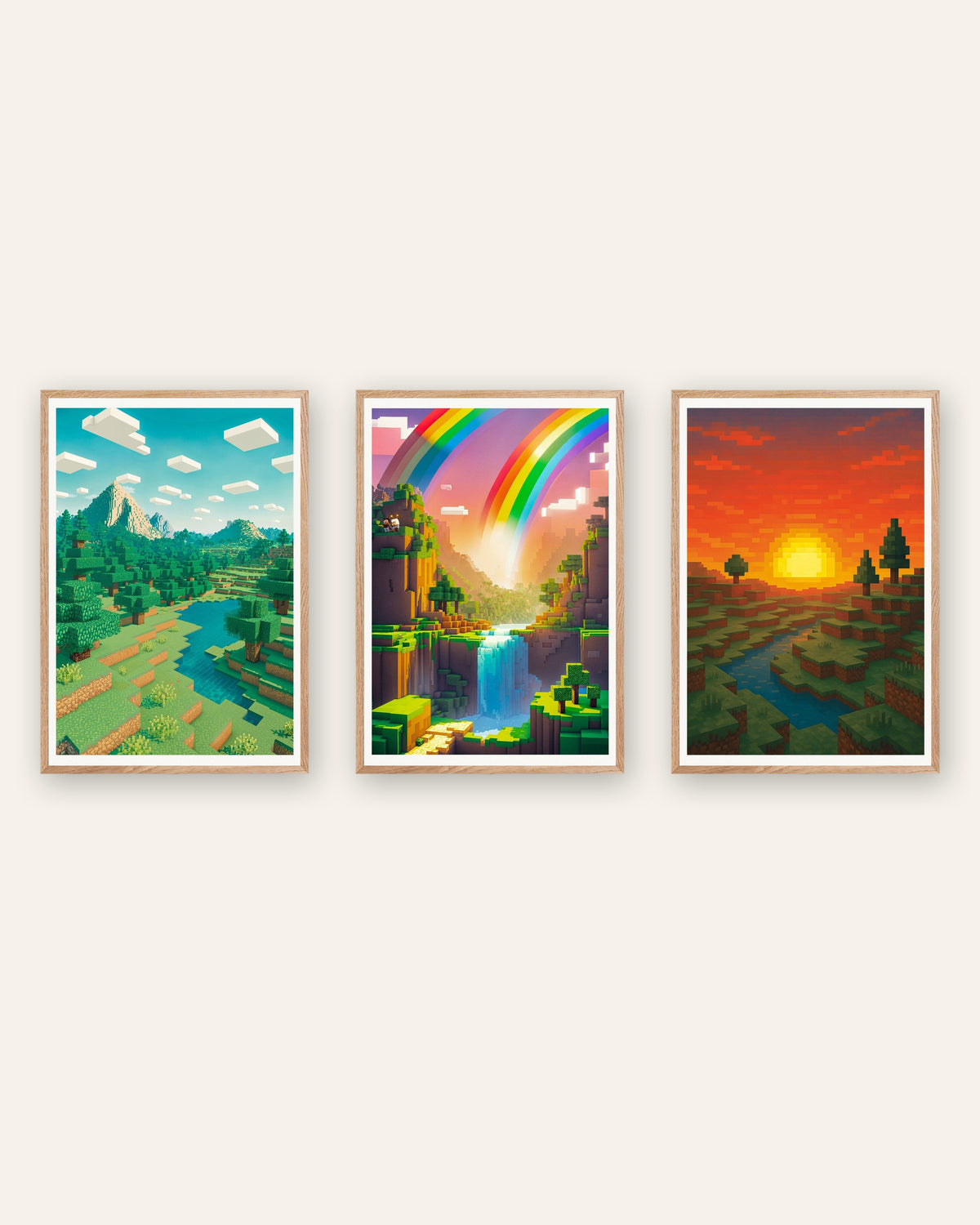Pixel-Art-Landschaftsposter, 3er-Set: Berg, Regenbogental und Sonnenuntergang, in Rahmen aus Natureiche