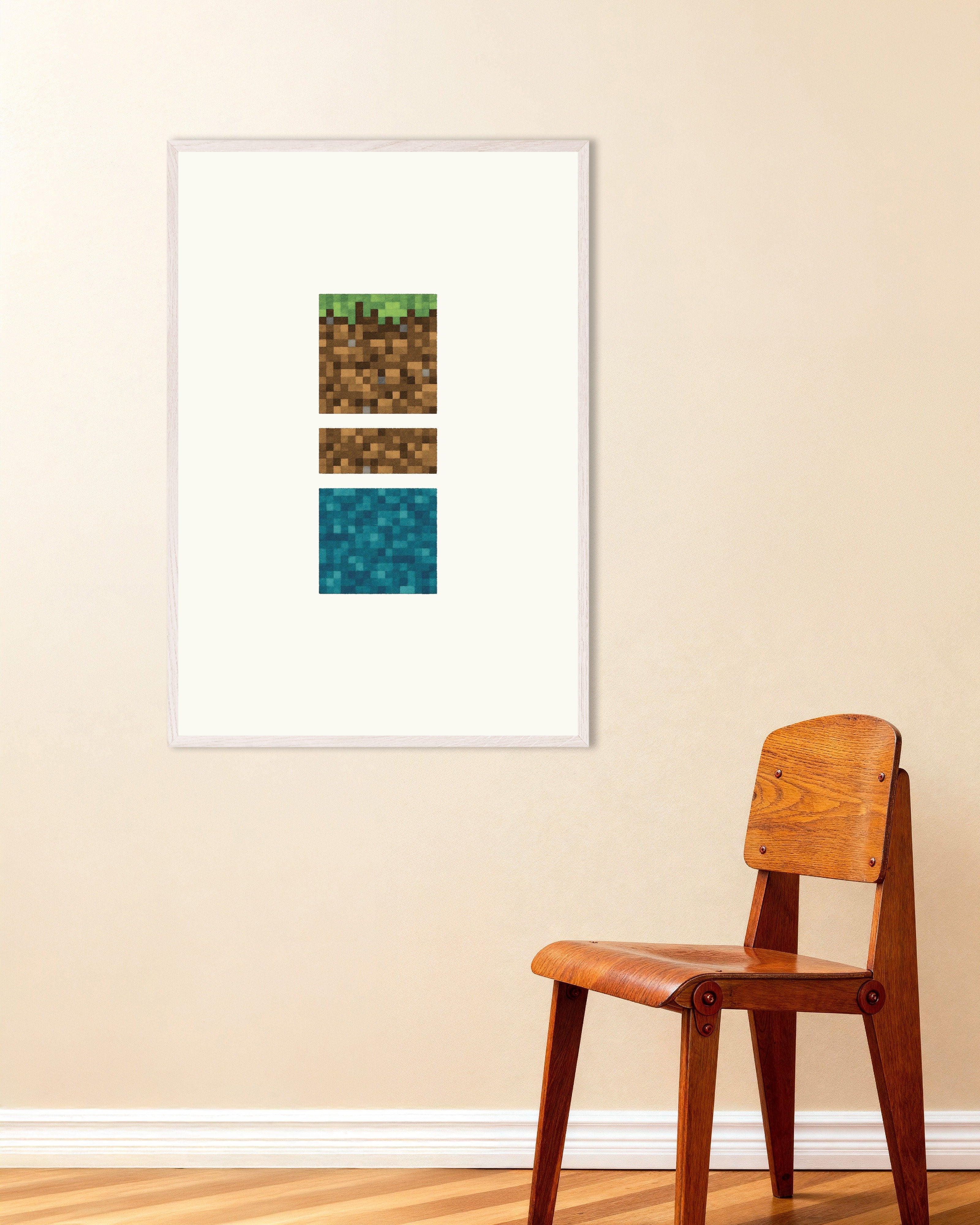 Poster of Pixel Blocks Trio – Grass, Dirt and Water Poster, with white wooden frame