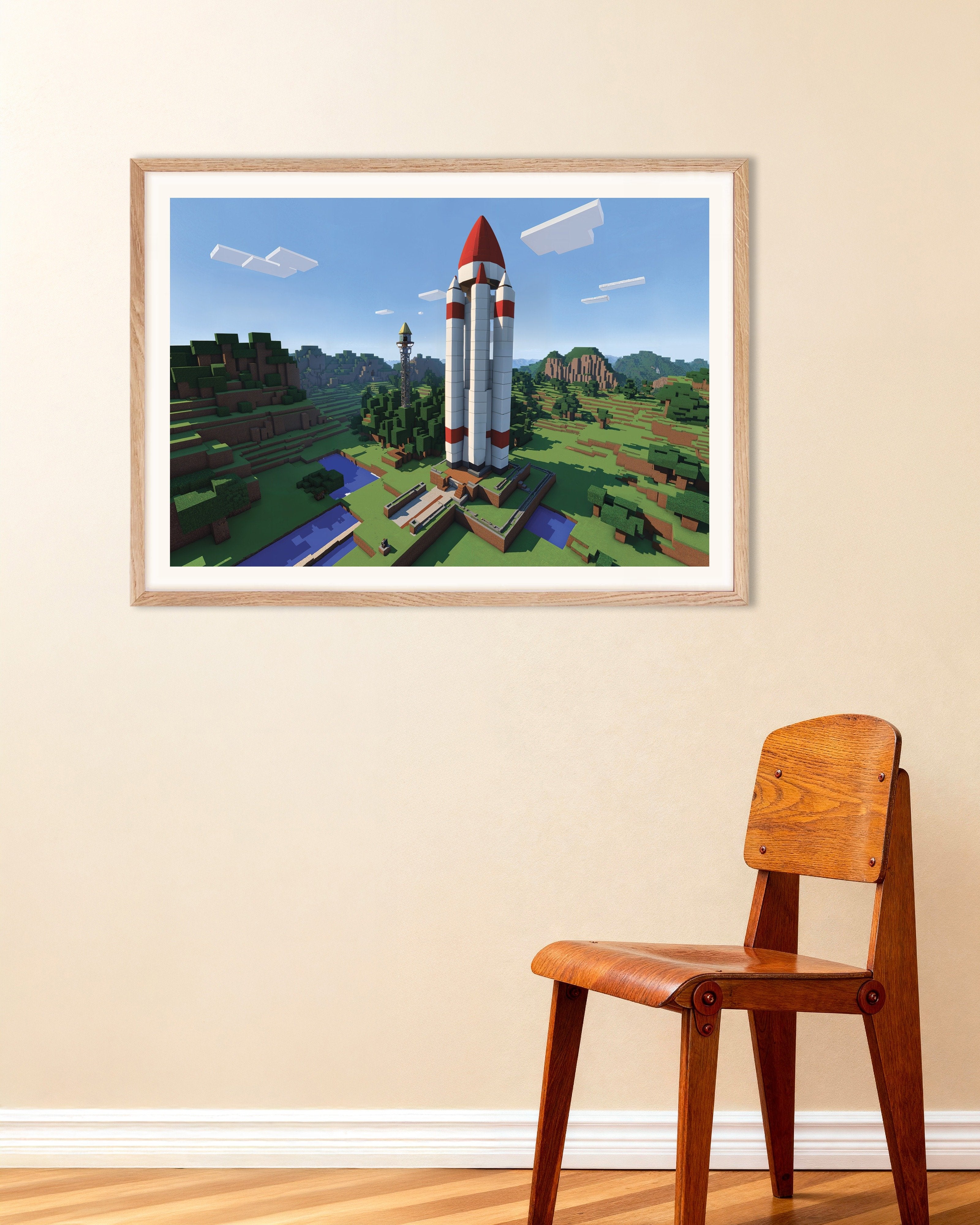 Poster of Pixel Space Rocket – Cosmic Adventure Poster, with natural wooden frame