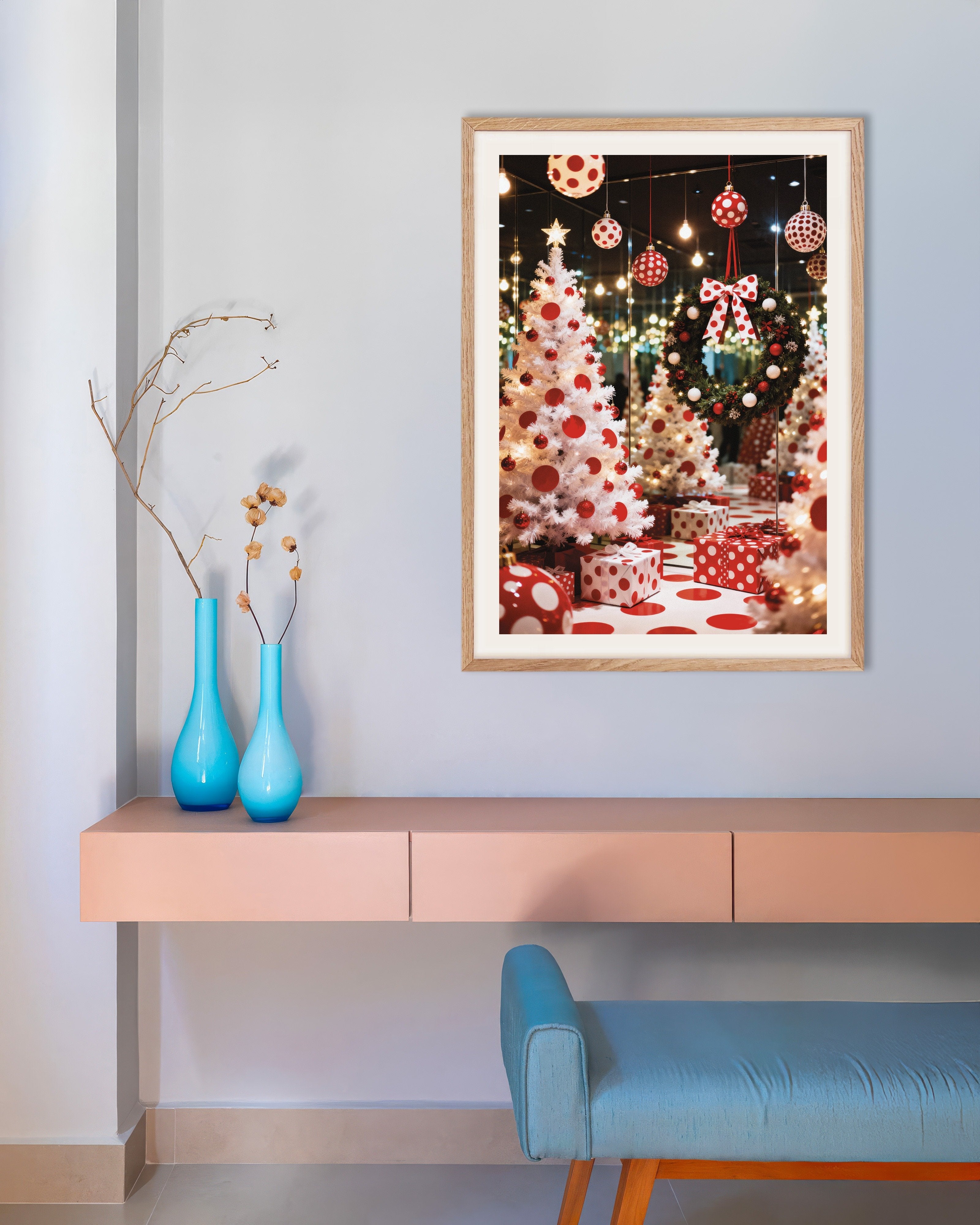 Poster of Polka dot Christmas room poster, with natural wooden frame