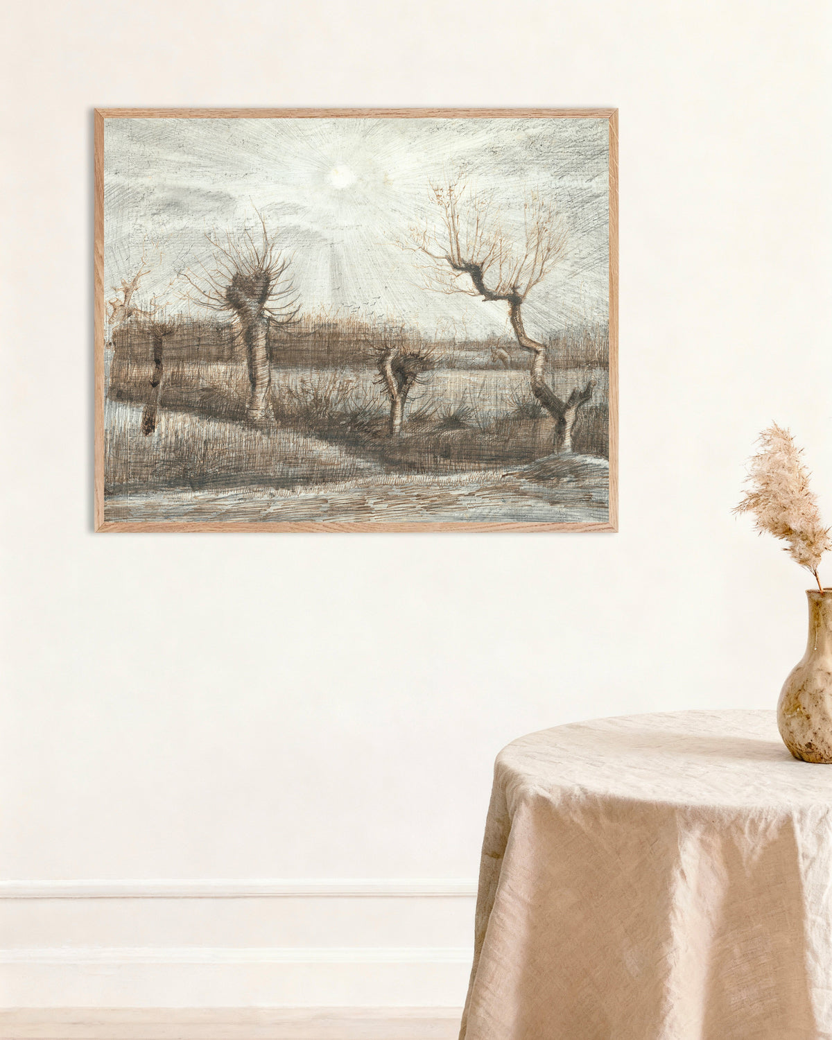 Poster von Pollard-Weiden (1884) von Vincent van Gogh, mit naturfarbenem Holzrahmen