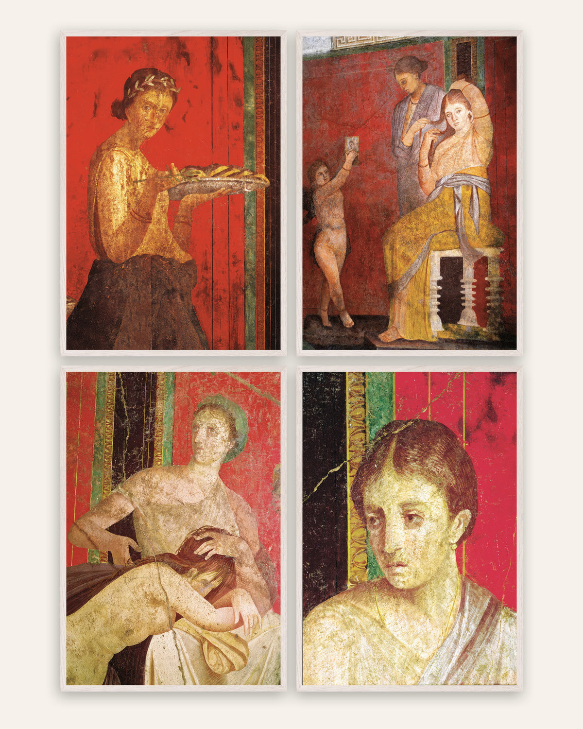 Römische Fresken Poster, 4er-Set: Mysterienvilla in Pompeji, in weißen Eichenrahmen