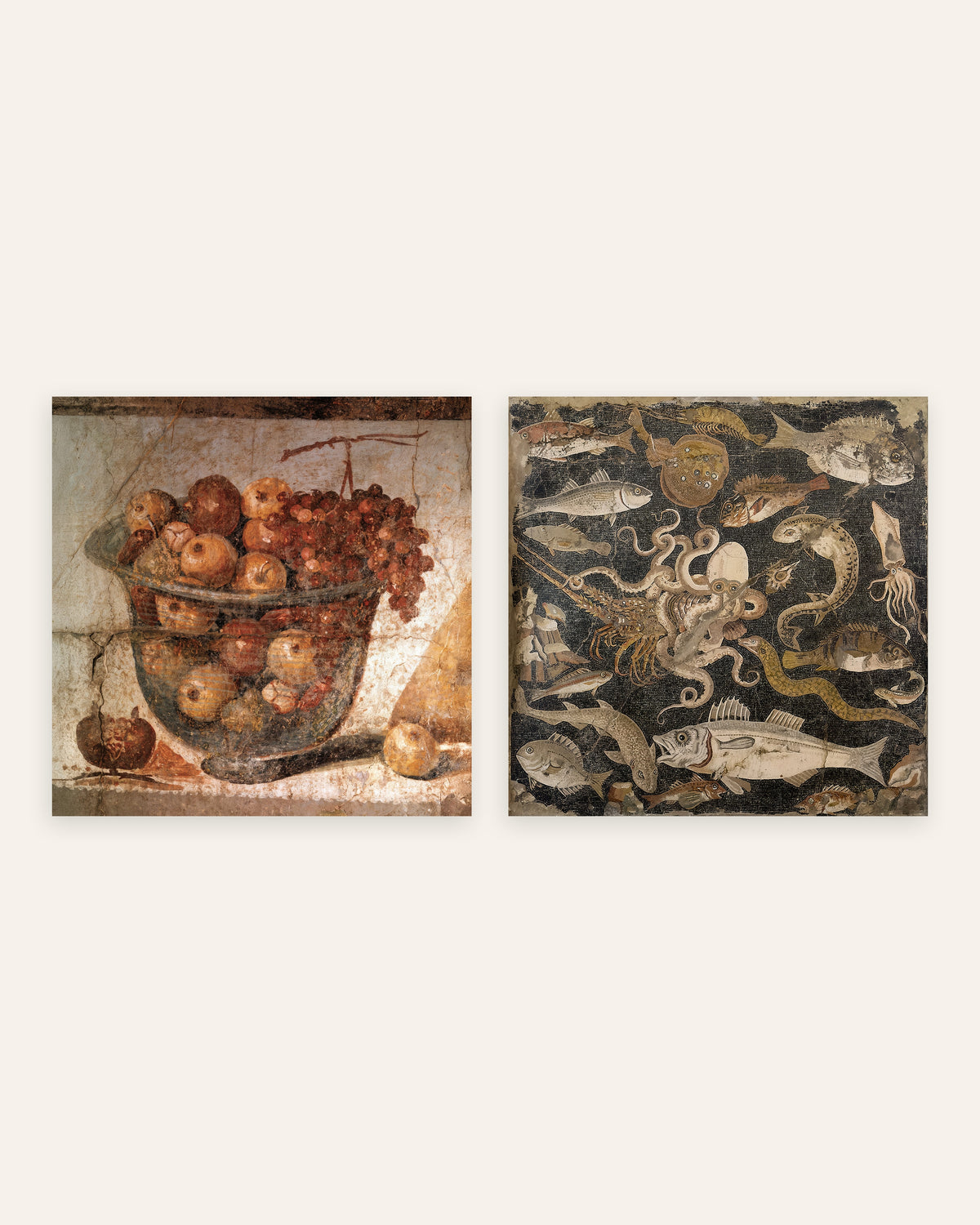 Römische Fresken Poster, 2er-Set: Küche, Obstschale und Fischmosaik, ohne Rahmen