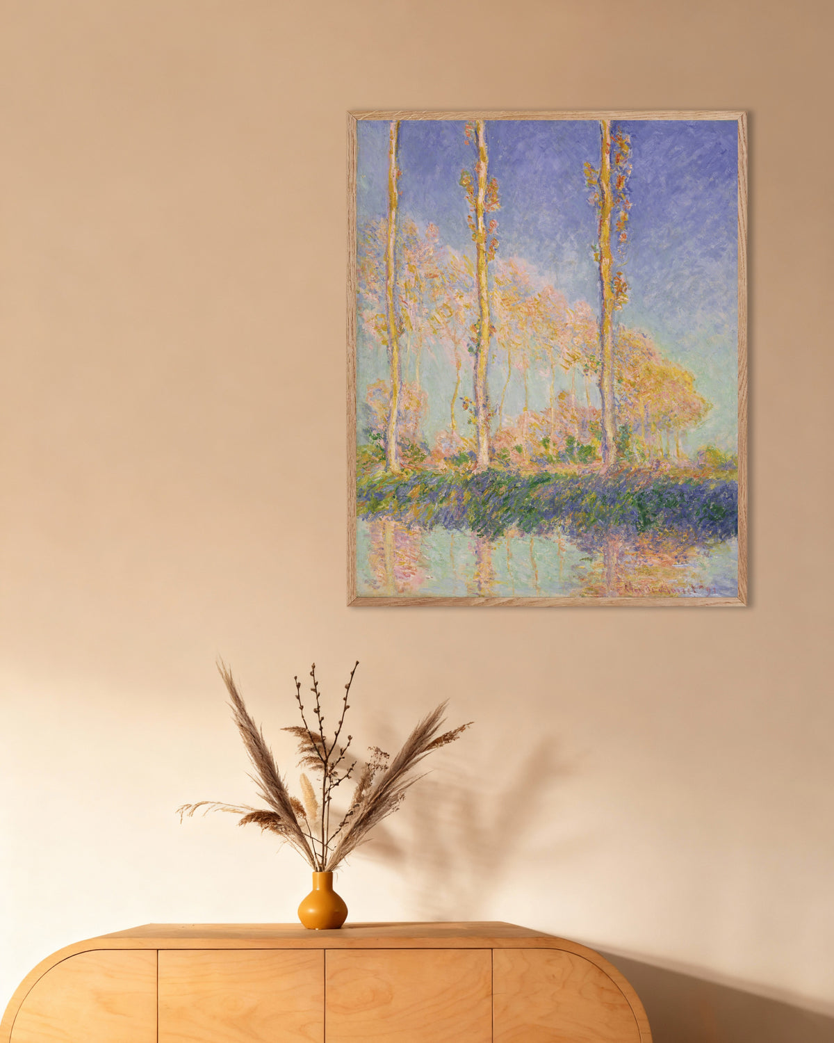 Poster Pappeln (1891) von Claude Monet mit naturfarbenem Holzrahmen