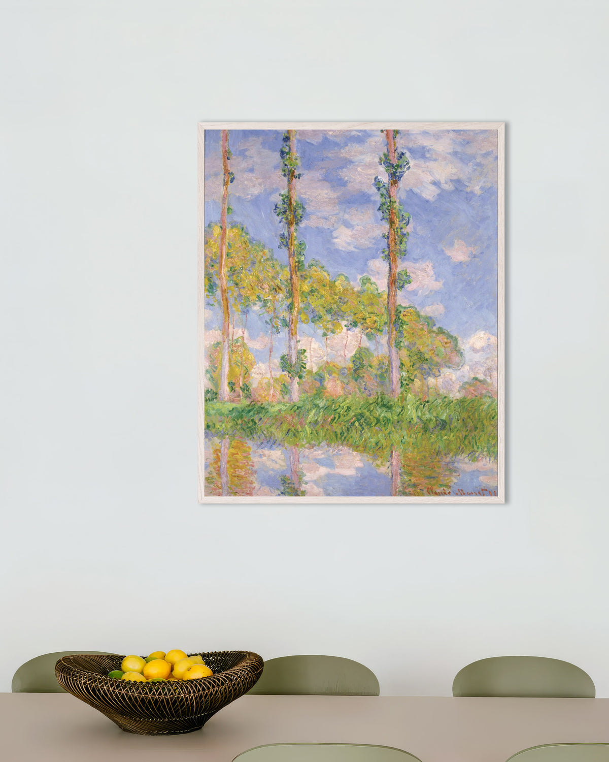 Poster Pappeln in der Sonne (1891) von Claude Monet mit weißem Holzrahmen