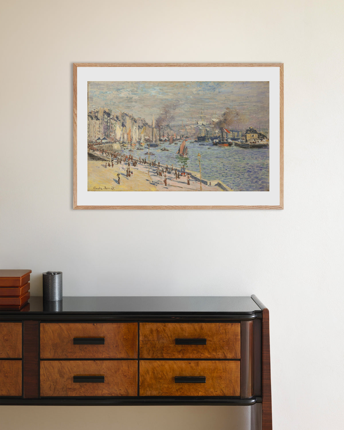 Poster Der Hafen von Le Havre (1874) von Claude Monet mit naturfarbenem Holzrahmen