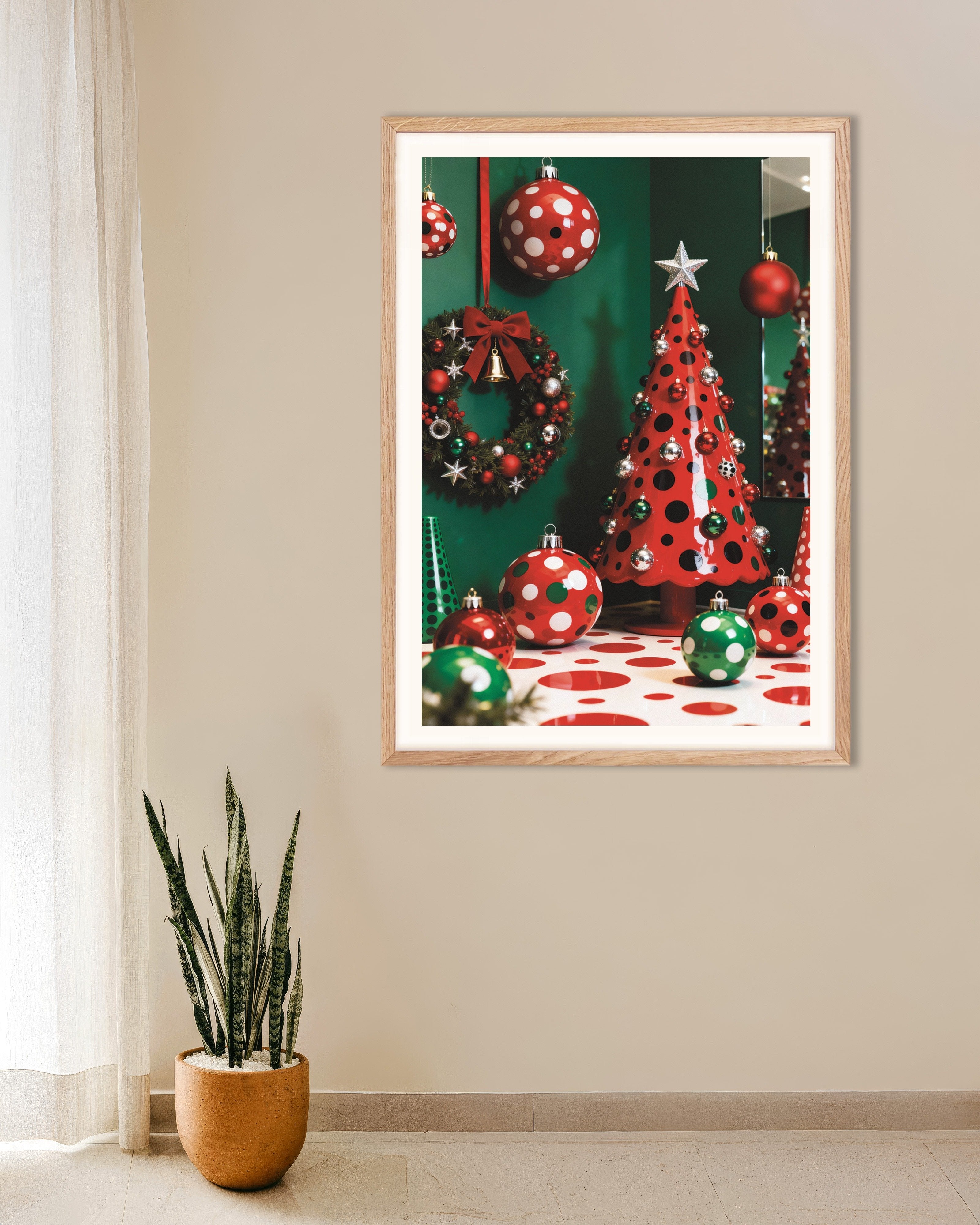 Poster of Red and green Christmas decor poster, with natural wooden frame