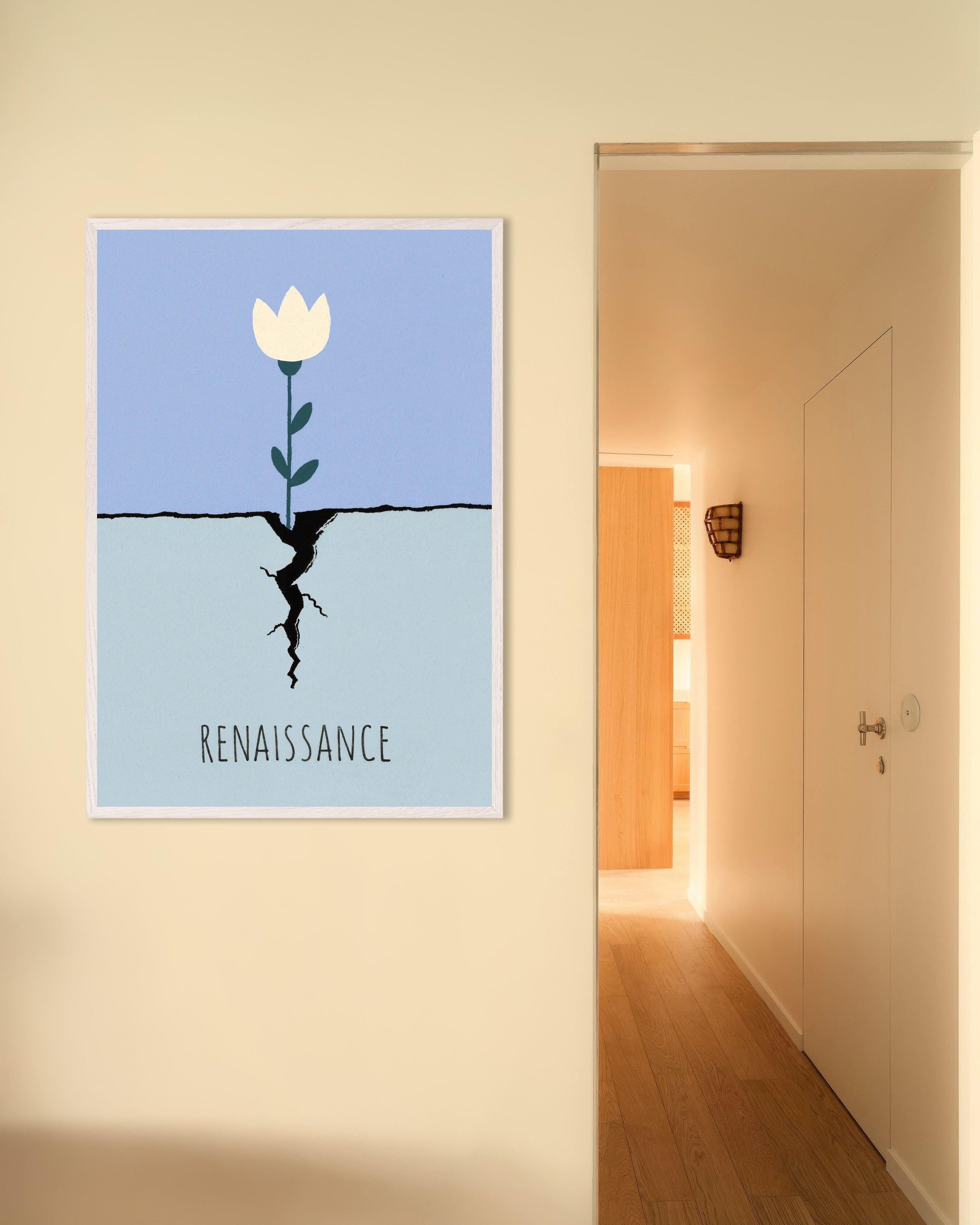Poster of Renaissance Bloom: Flower Through the Crack, with white wooden frame