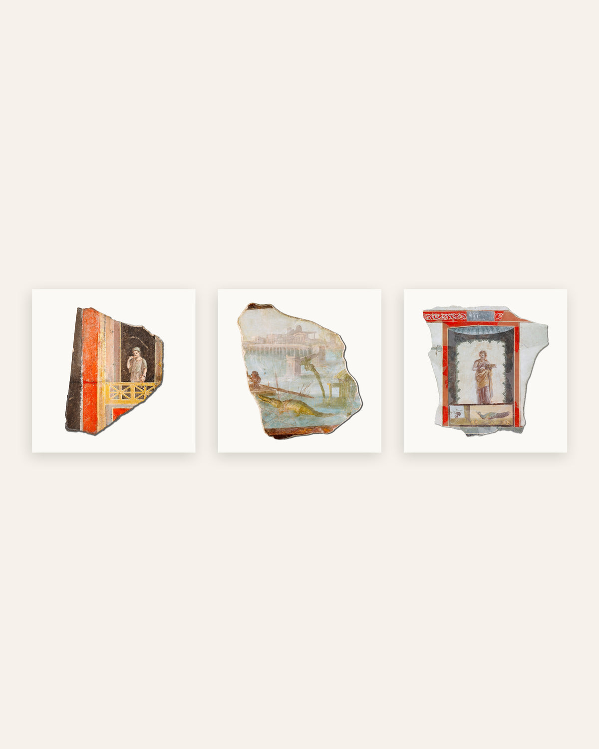 Römische Fresken Poster, 3er-Set: Fragmente mit Balkon, Nil und Pfau, ohne Rahmen