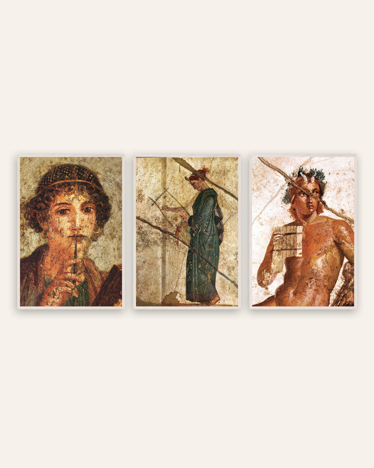 Römische Fresken Poster, 3er-Set: Poesie und Musik, Sappho, Lyra und Pan, in weißen Eichenrahmen