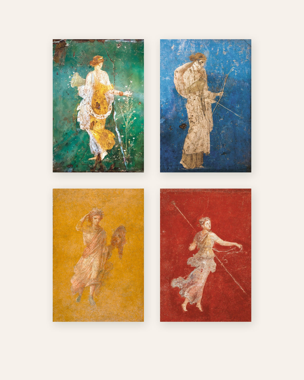 Set aus 4 Postern mit römischen Fresken, Flora, Artemis, Melpomene und Mänade, ohne Rahmen