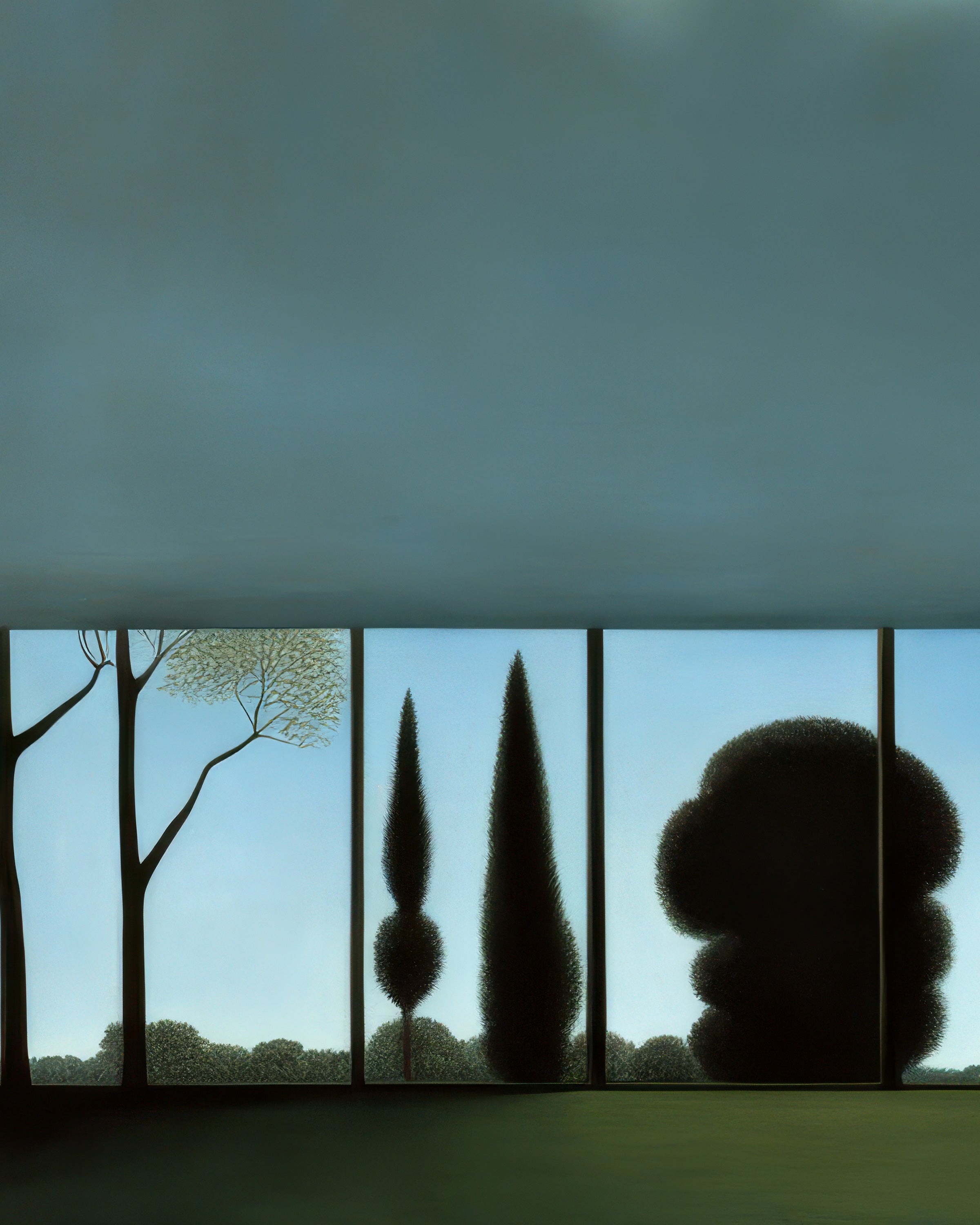 Silhouettes of trees against a blue sky with a dark gray background