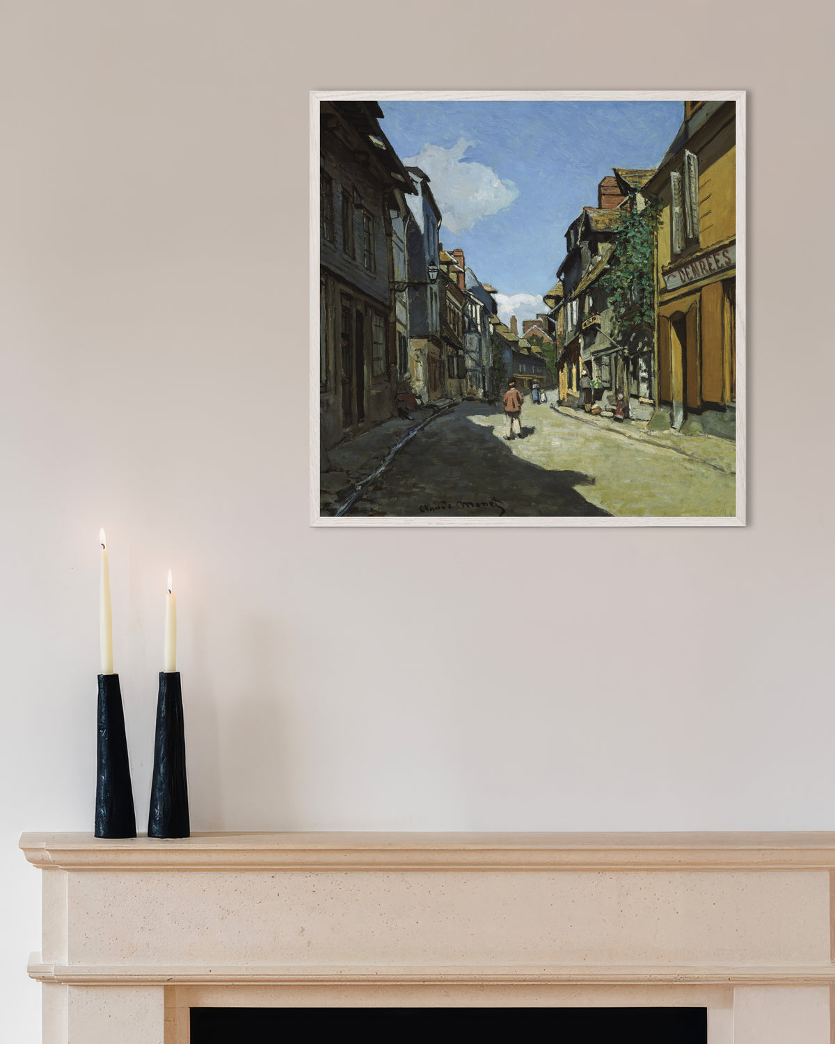 Poster Die Rue de la Bavole in Honfleur (1864) von Claude Monet mit weißem Holzrahmen