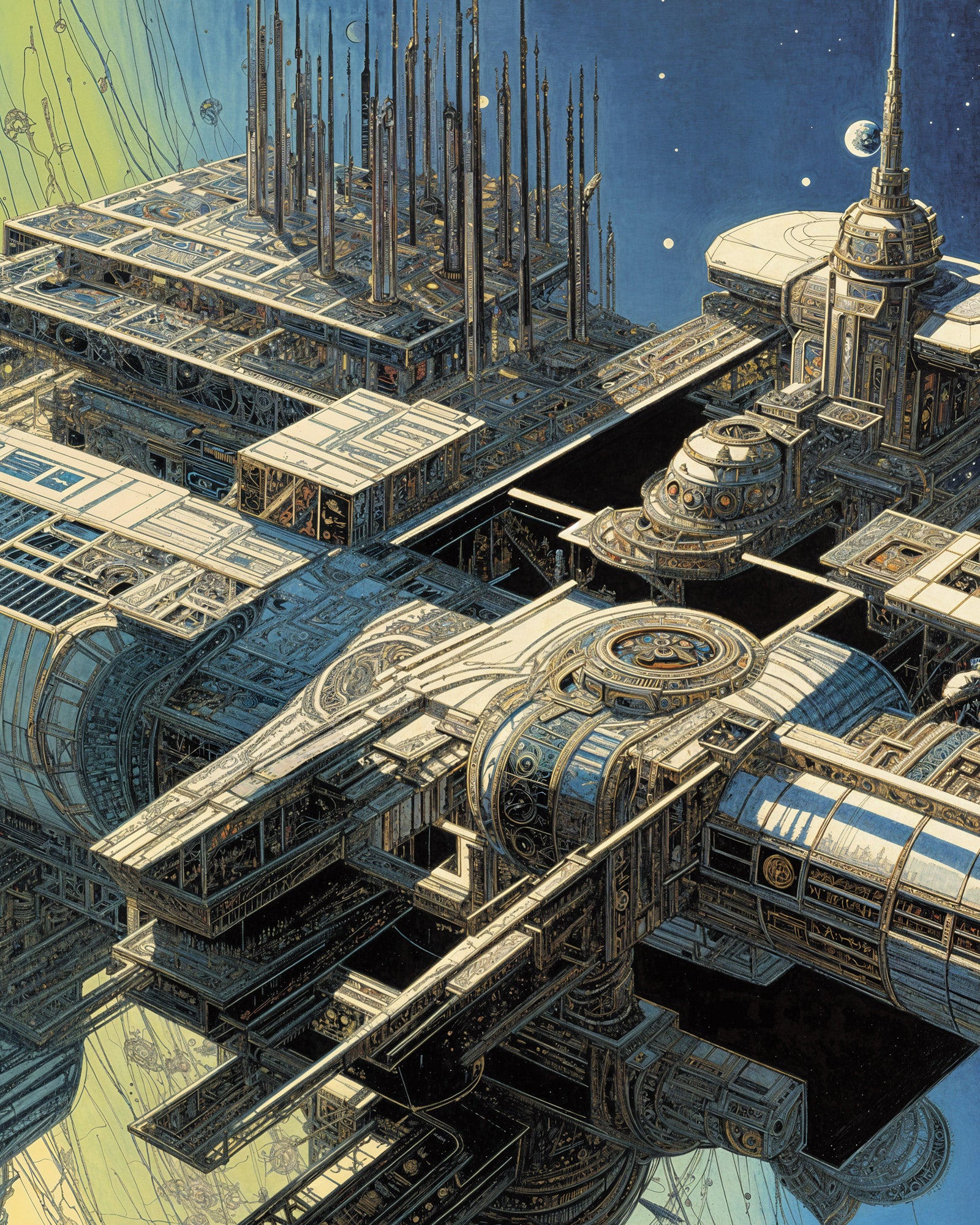 Detailed illustration of a futuristic space station with intricate design elements.