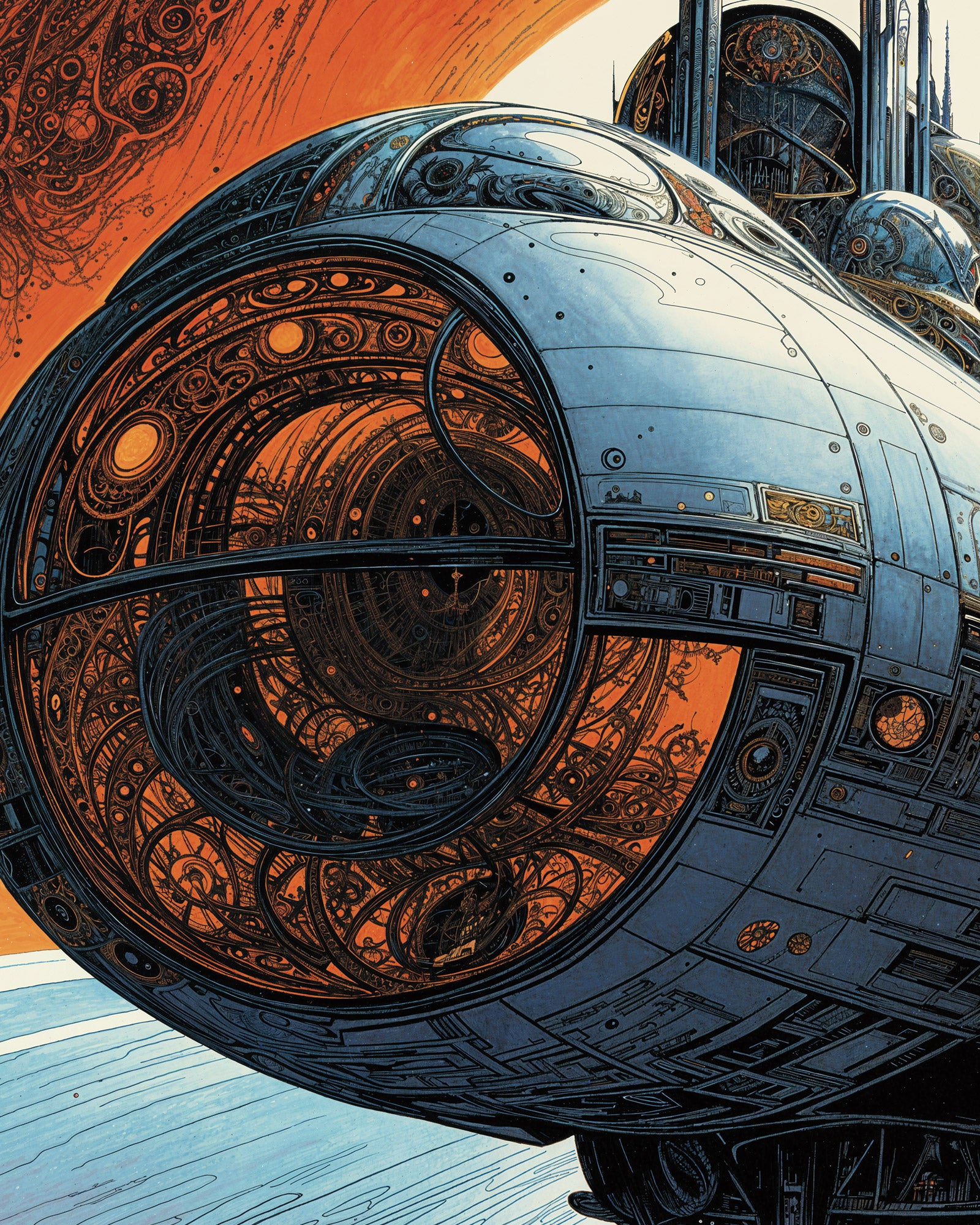 Close-up of a detailed, futuristic spacecraft with intricate design elements.
